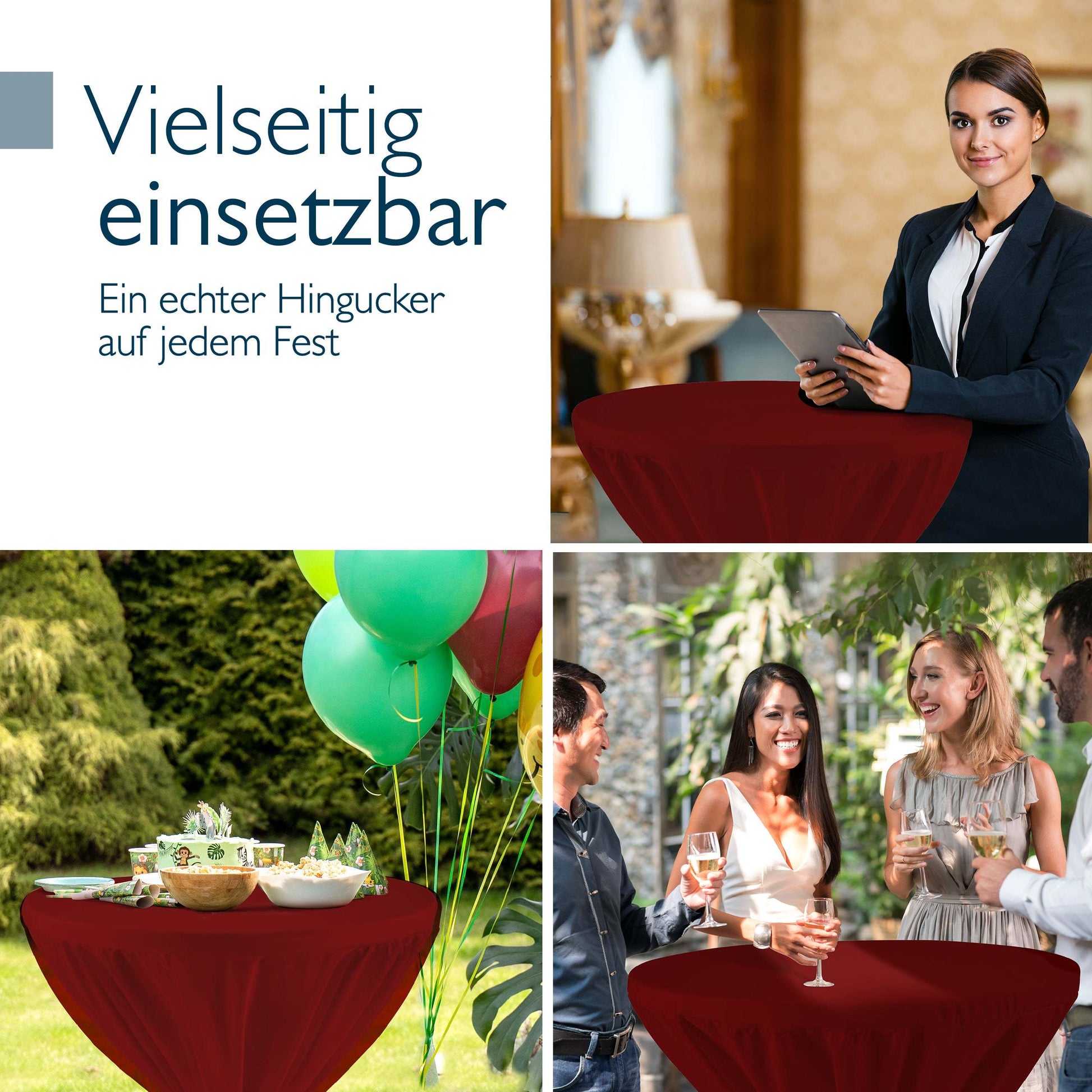Beautissu Grauer Stehtisch Bellini with burgundy premium cover used at elegant indoor and outdoor events