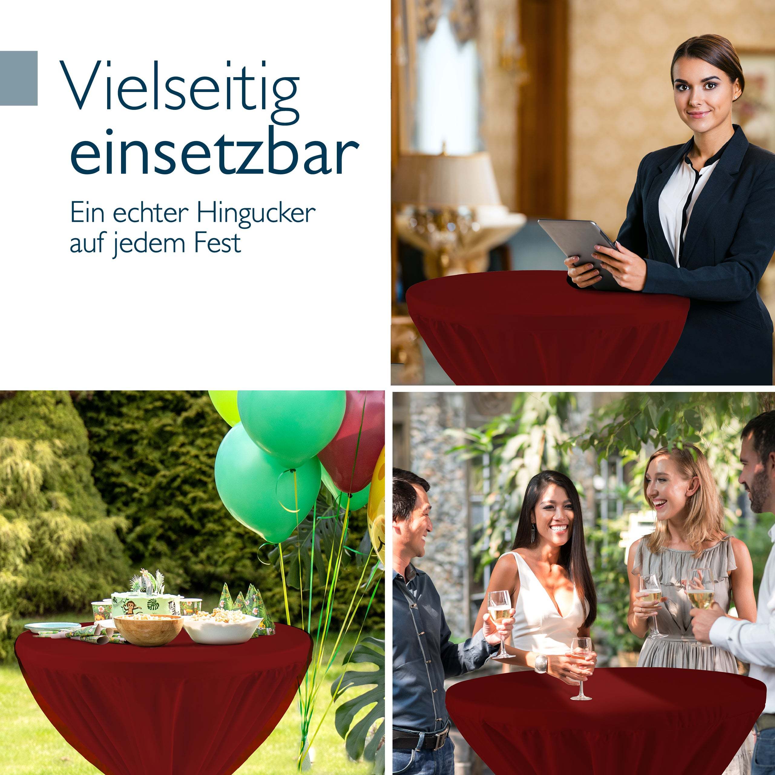 Beautissu Grauer Stehtisch Bellini with burgundy premium cover used at elegant indoor and outdoor events