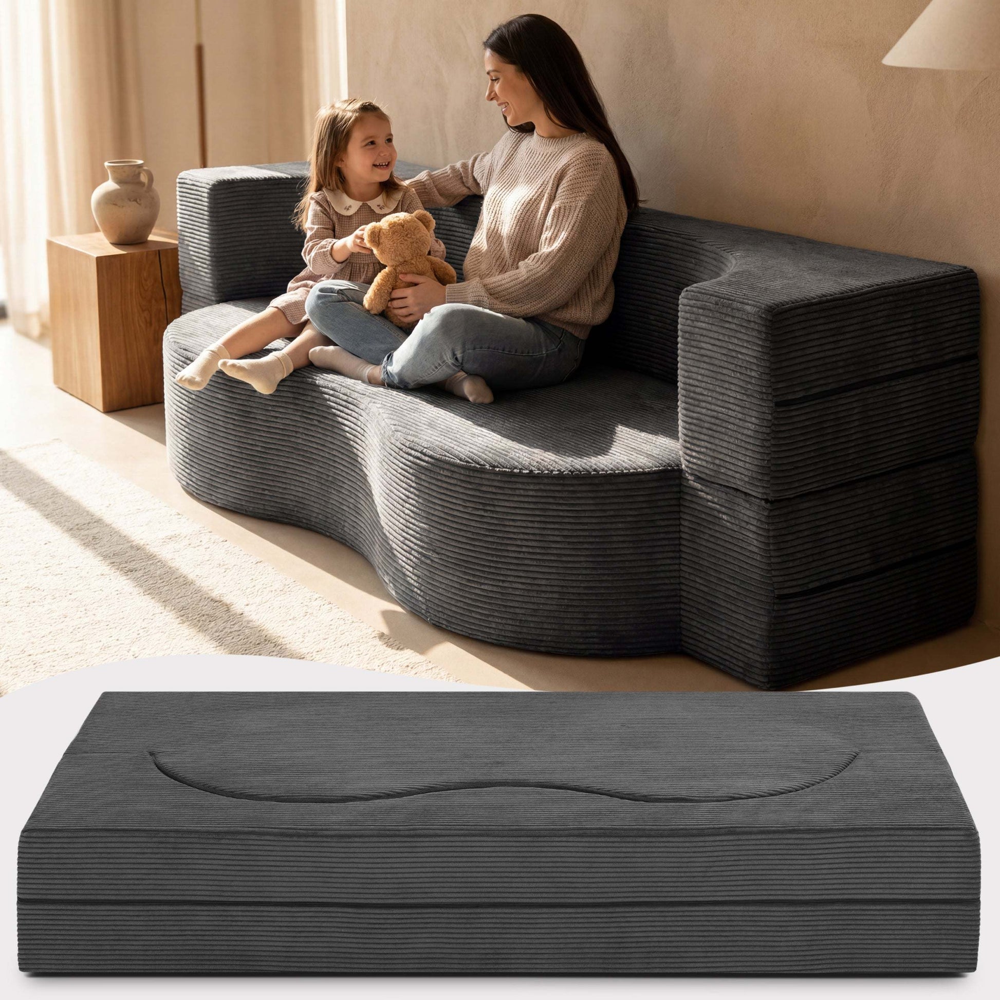 Modernes Klappsofa mit Schlaffunktion in Cord-Optik, 2-Sitzer und Gästebett in Anthrazit