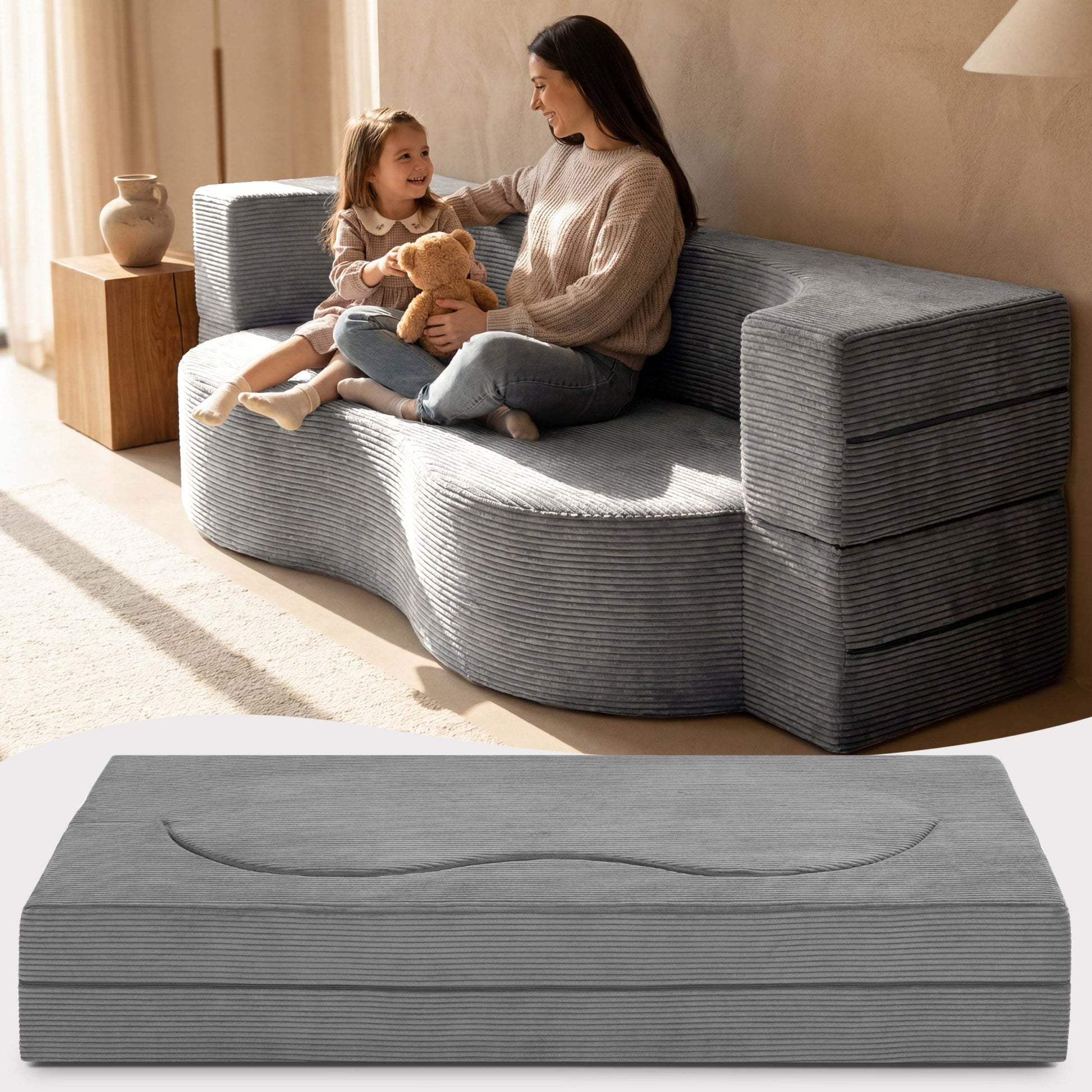 Modernes Klappsofa mit Schlaffunktion in Cord-Optik, 2-Sitzer und Gästebett, platzsparend und komfortabel