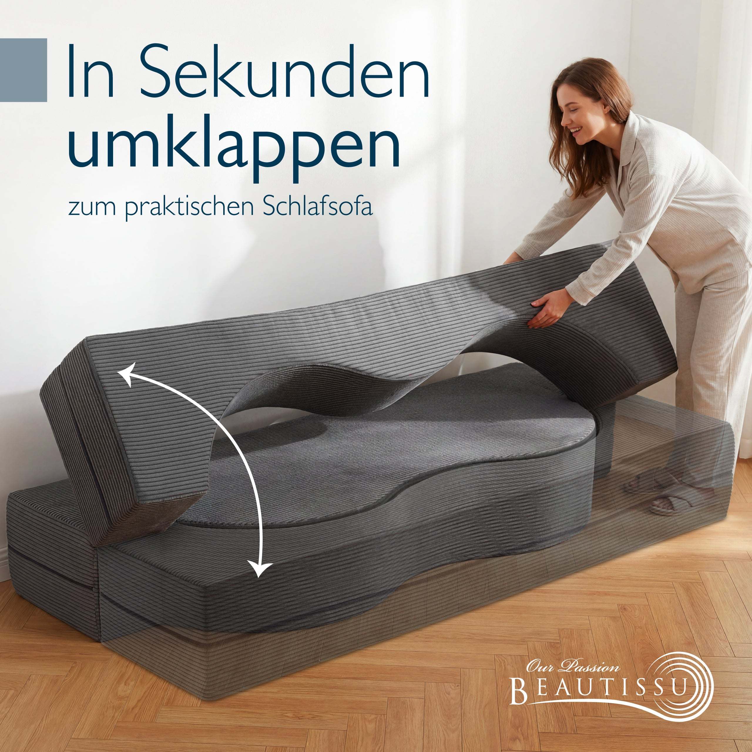 Modernes Klappsofa mit Schlaffunktion in Cord-Optik, 2-Sitzer Schlafsofa Leova in Anthrazit