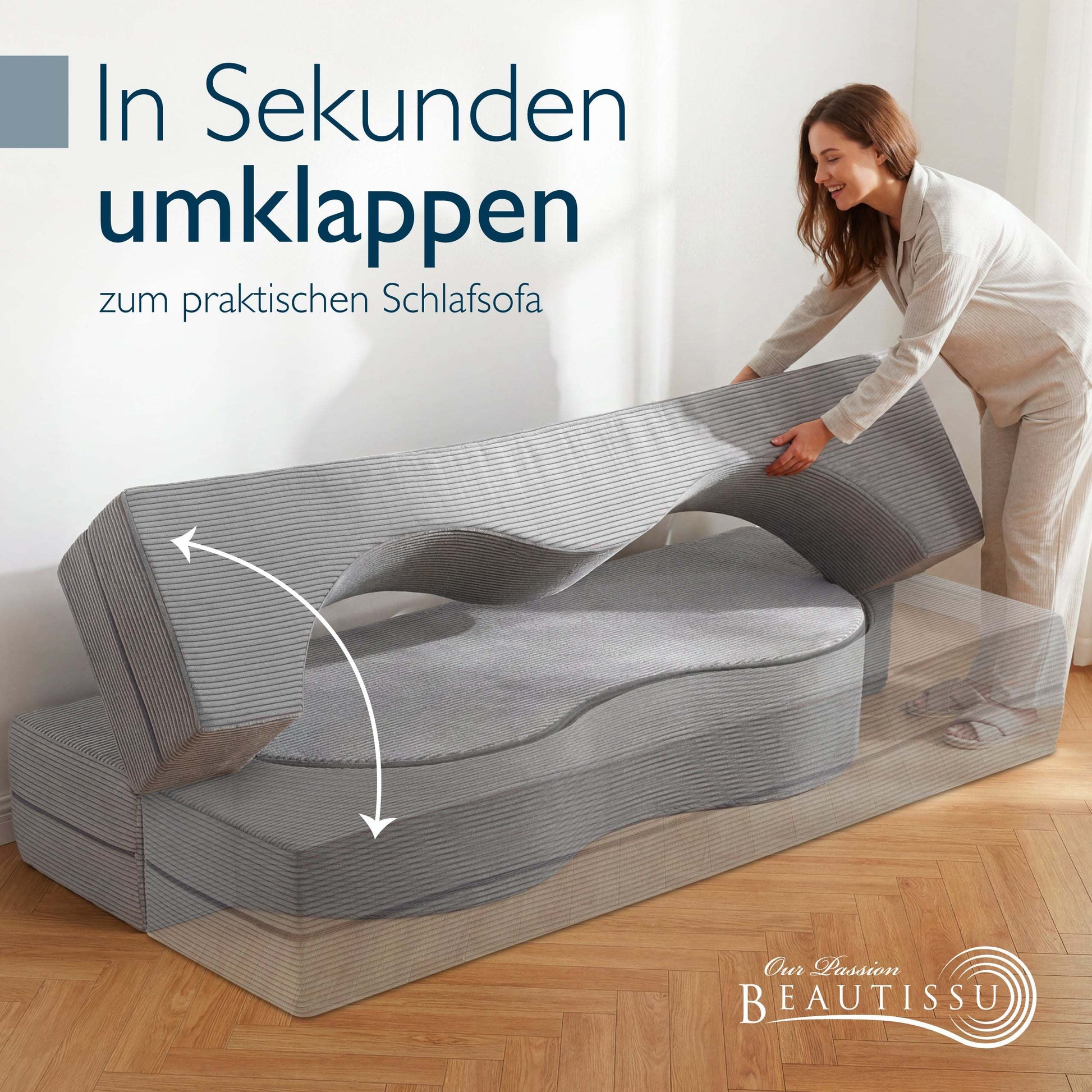 Modernes Klappsofa mit Schlaffunktion 90x200 cm in Cord-Optik, platzsparend und komfortabel