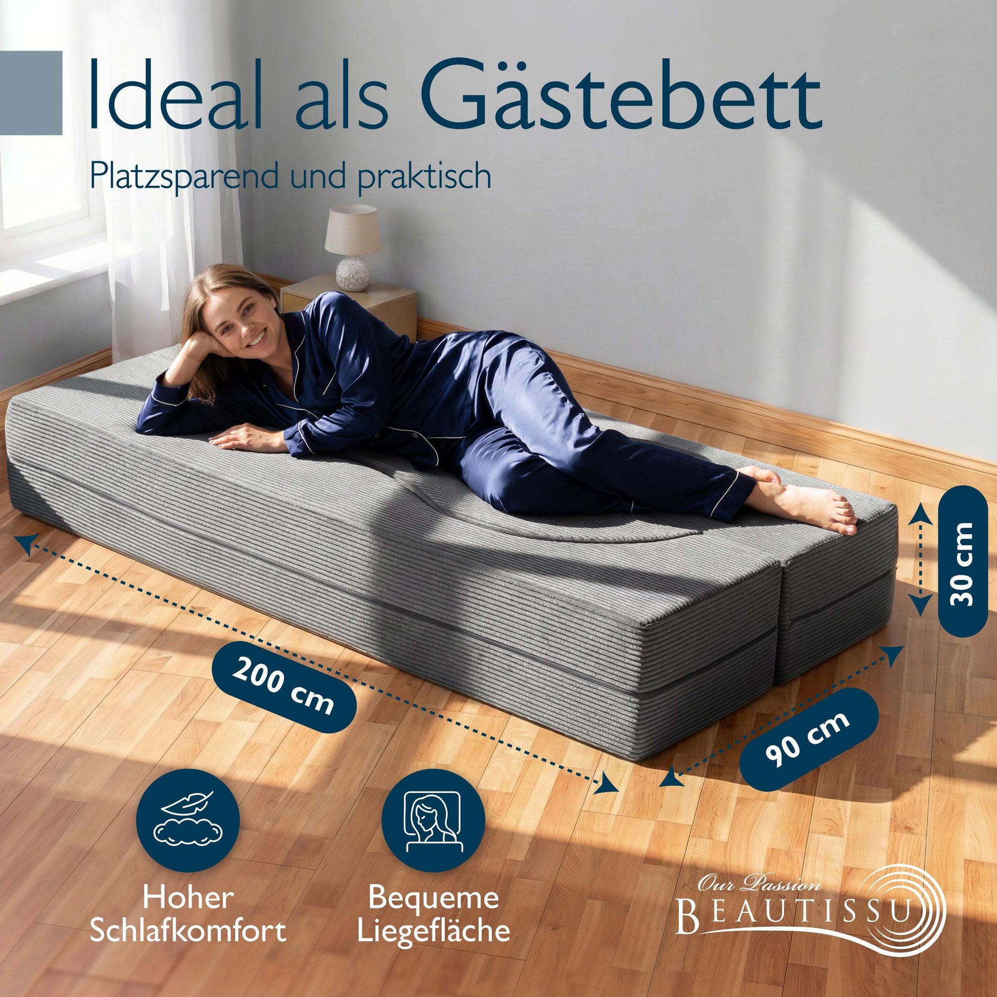 Modernes Klappsofa mit Schlaffunktion in Cord-Optik, 2-Sitzer und Gästebett, komfortabel und platzsparend.