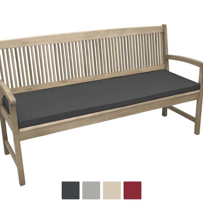 Beautissu Base BK bench cushion on wooden garden bench, available in multiple colors.
