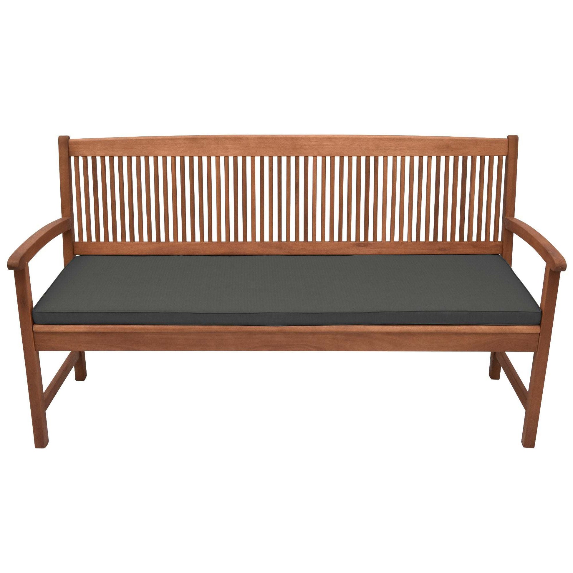 Beautissu Base BK bench cushion on wooden garden bench, dark color, with washable cover and foam padding.