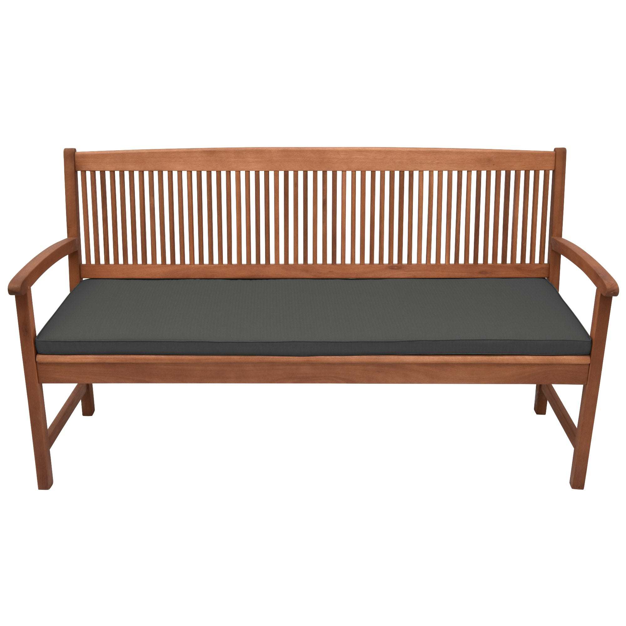 Beautissu Base BK bench cushion on wooden garden bench, dark color, with washable cover and foam padding.