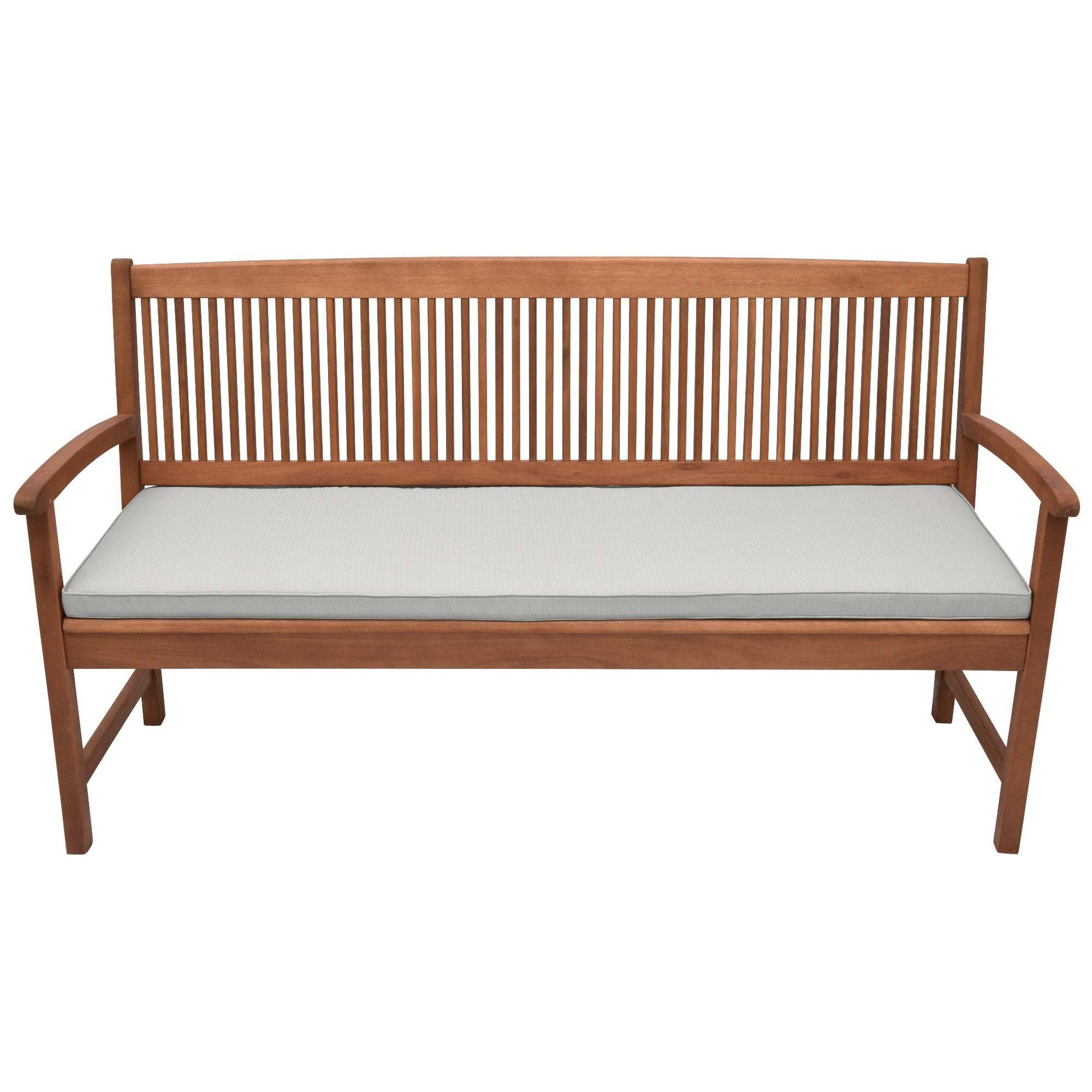 Beautissu Base BK garden bench cushion with light grey cover on wooden bench.