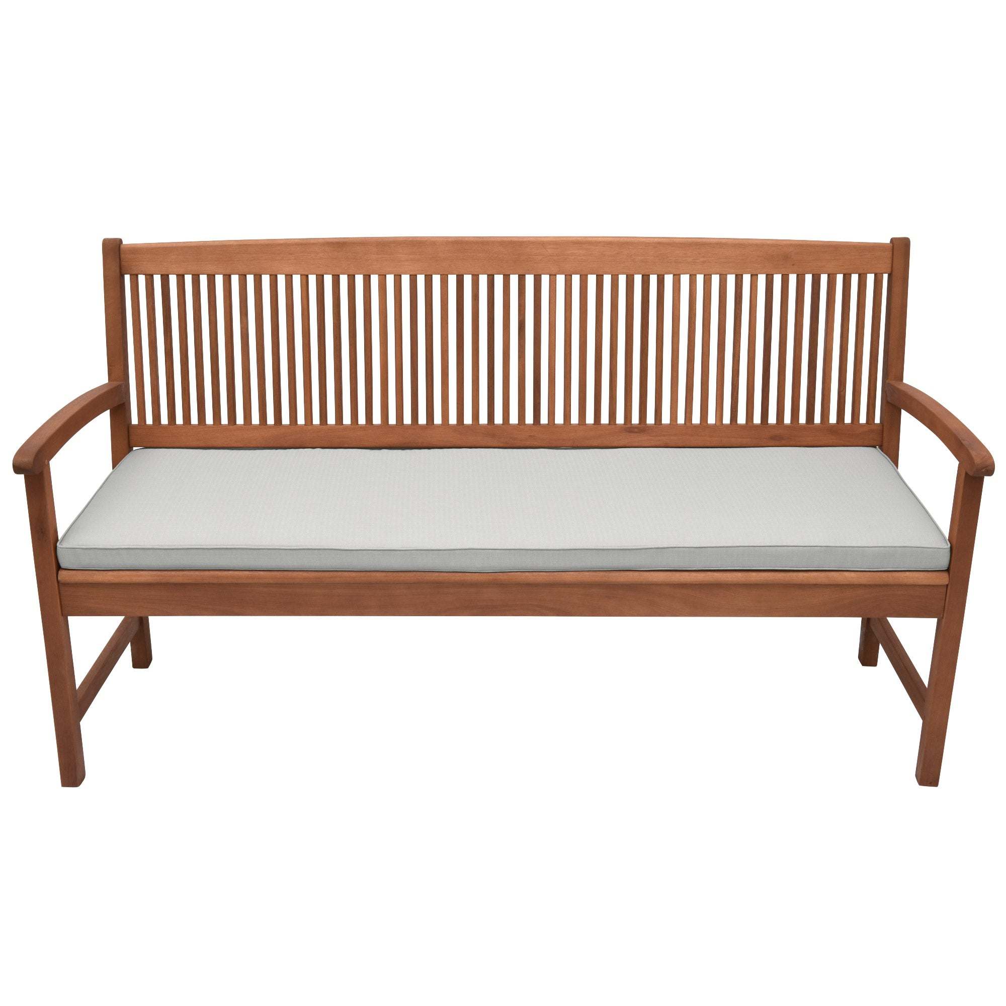 Beautissu Base BK garden bench cushion with light grey cover on wooden bench.