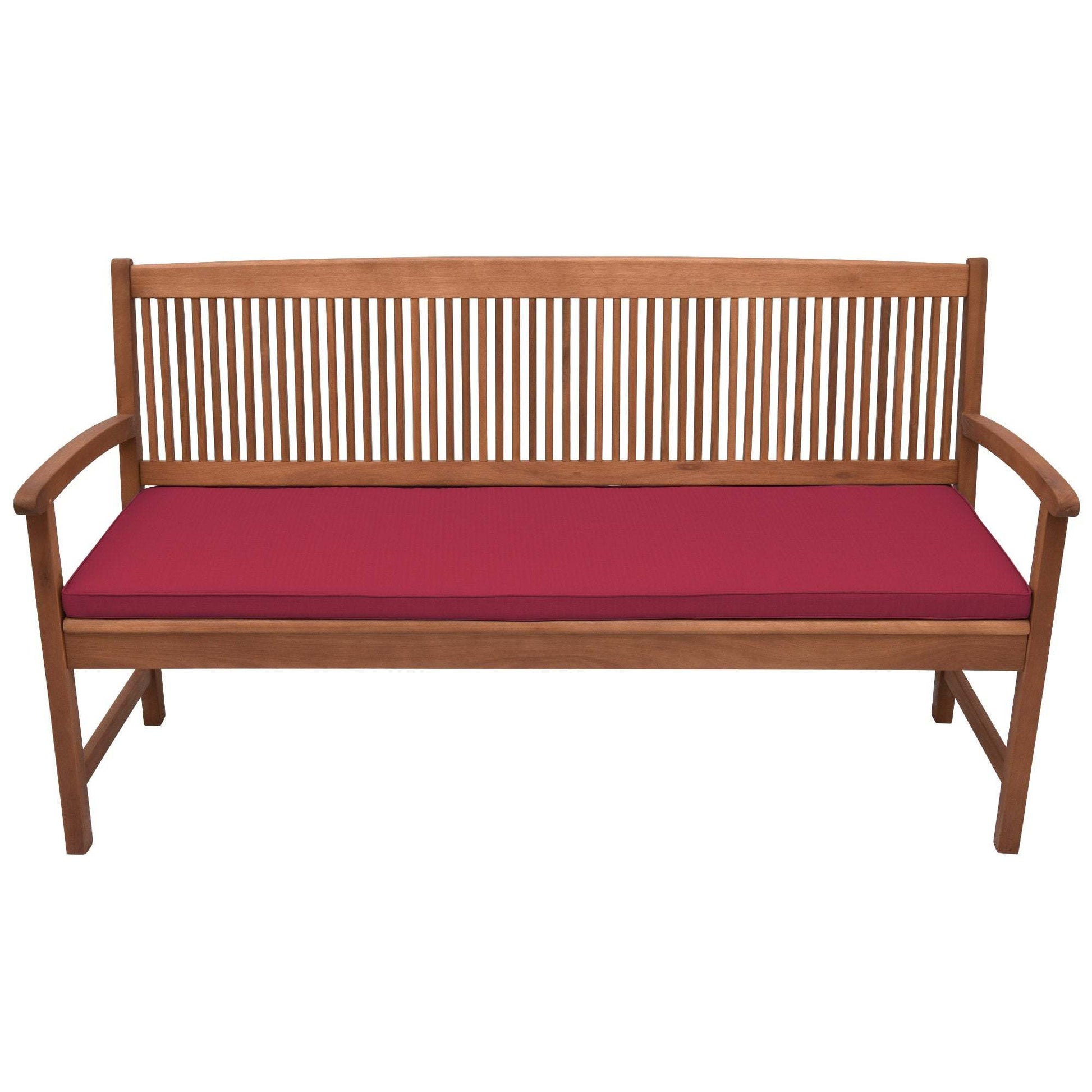 Beautissu Base BK bench cushion with red cover, featuring stylish piping and a 5 cm thick padding on a wooden garden bench.