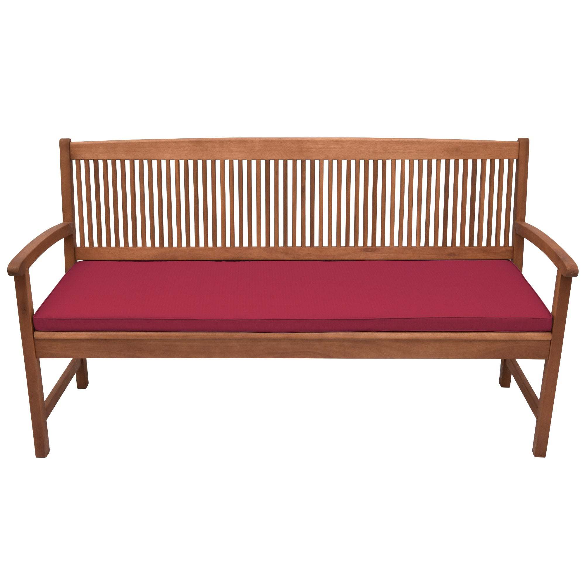 Beautissu Base BK bench cushion with red cover, featuring stylish piping and a 5 cm thick padding on a wooden garden bench.
