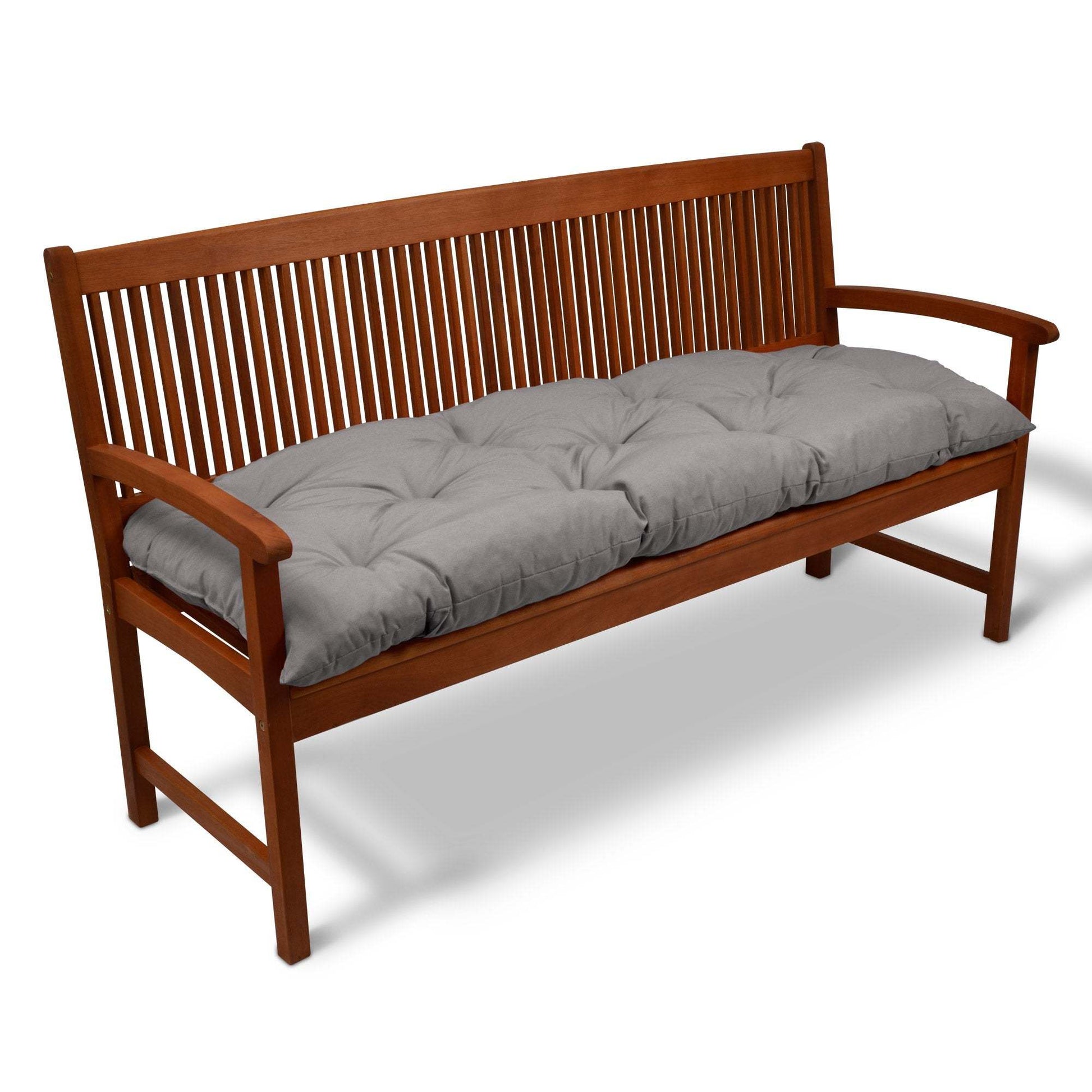 Beautissu Bankauflagen Flair BK seat cushion on a wooden bench, stylish and comfortable, in grey color.