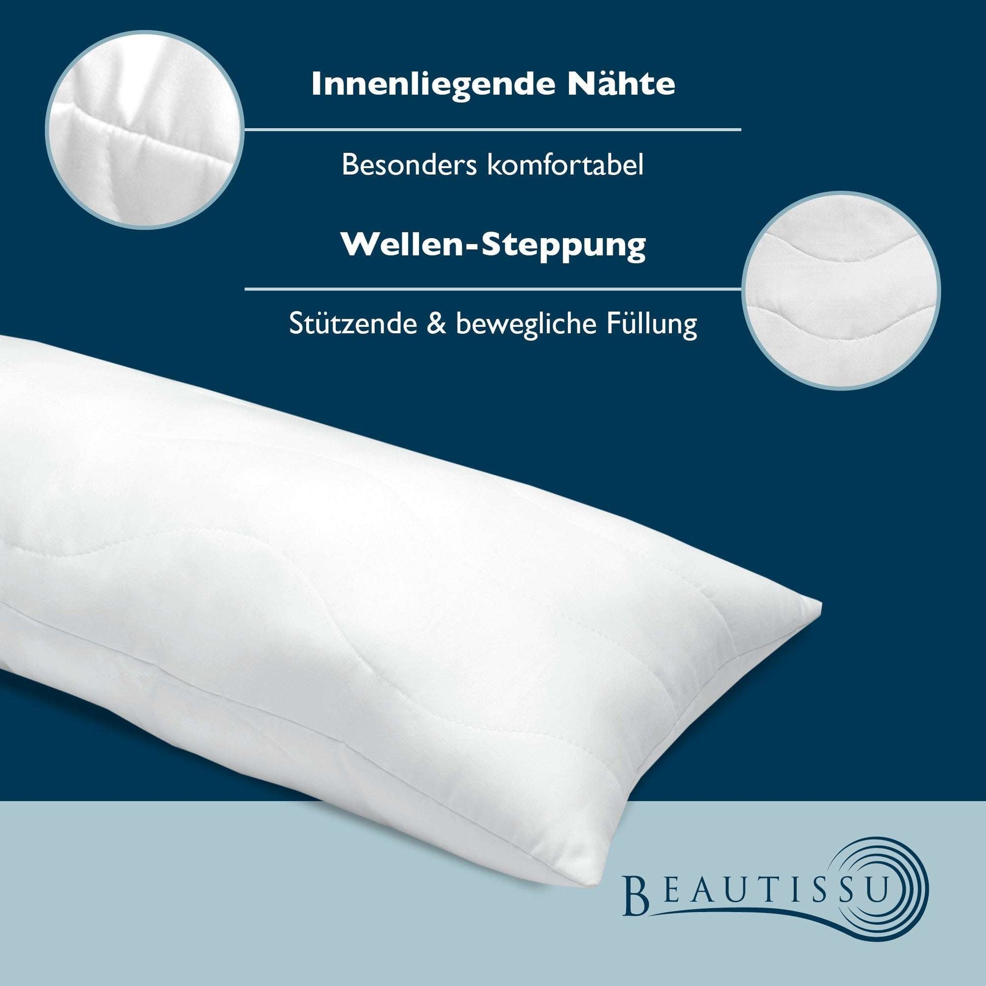 Beautissu BeauNuit UK microfibre pillow with wave quilting and OEKO-TEX certification, suitable for allergy sufferers.