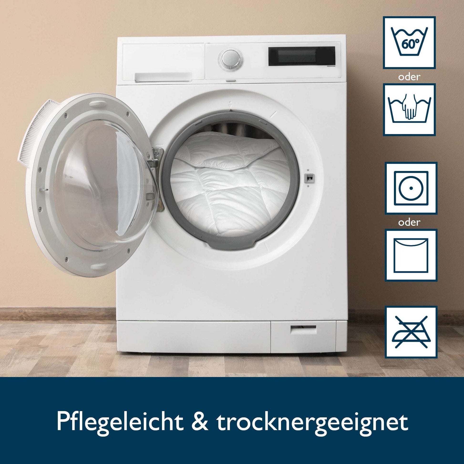 Washing machine with Beautissu BeauNuit SD bedding, showcasing easy-care and dryer-friendly features.