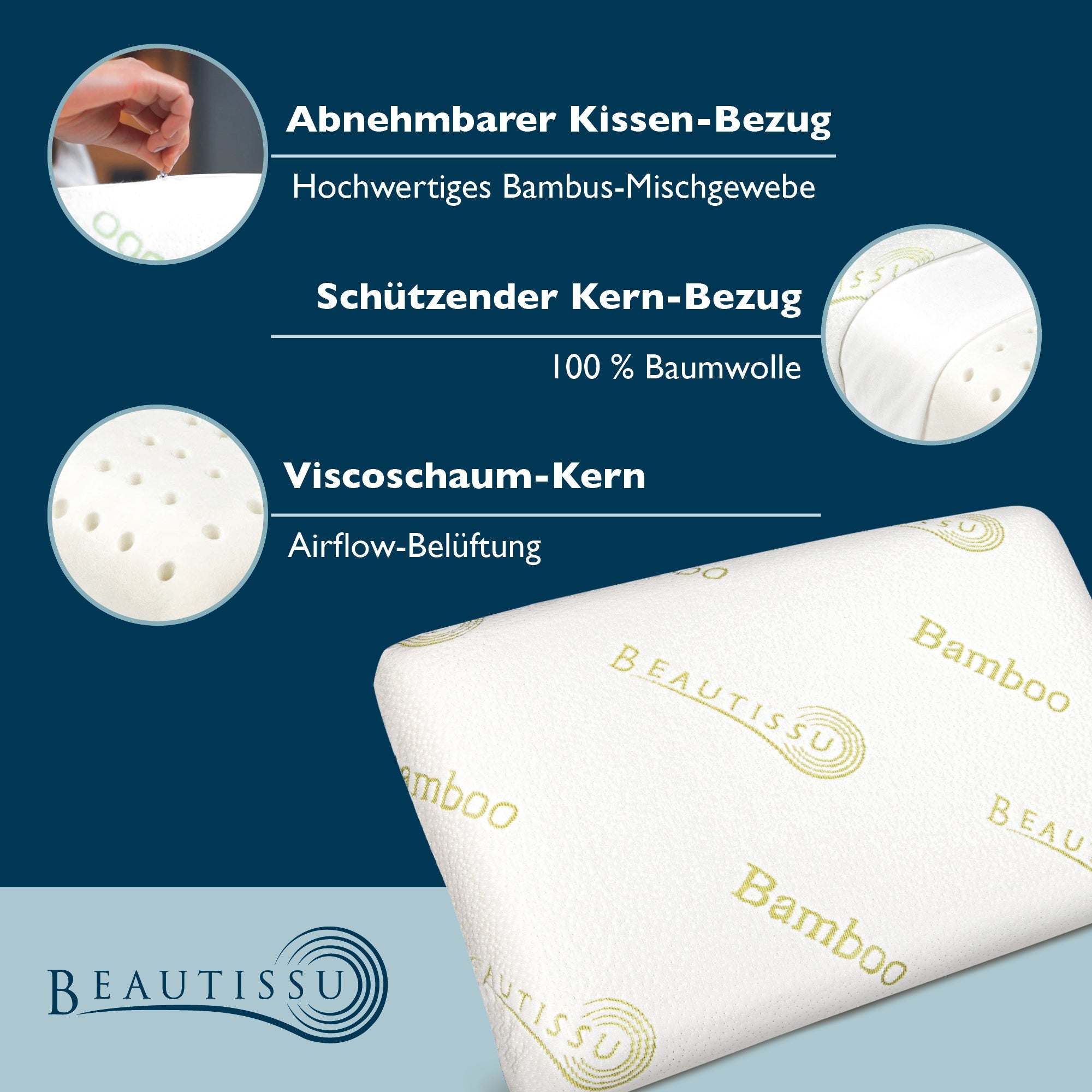 Beautissu Kissen Memory Foam BeauErgo BN with bamboo cover, airflow ventilation, and removable, washable outer layer.