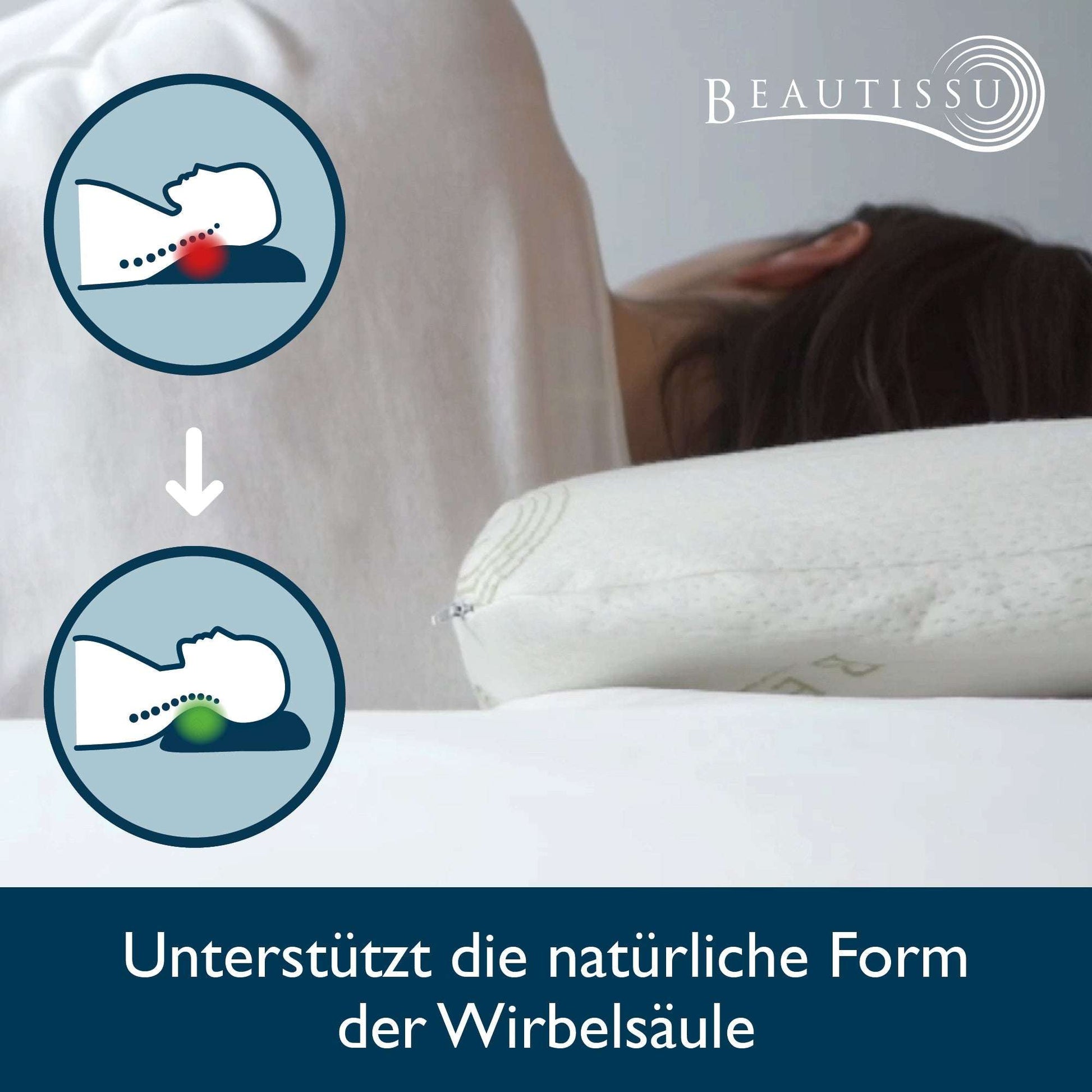Beautissu Kissen Memory Foam with Air Flow ventilation for spinal support in a sleeping posture.