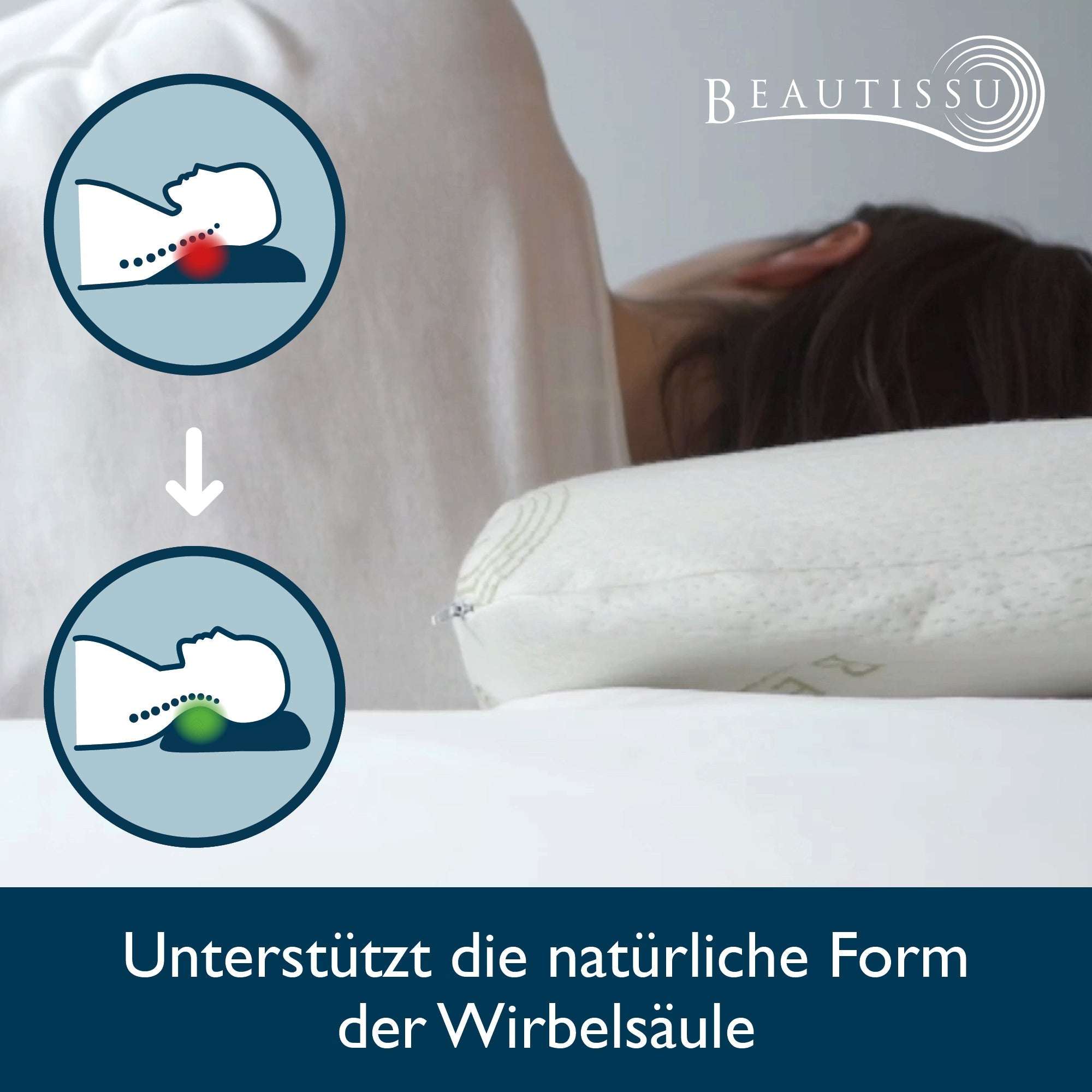 Beautissu Kissen Memory Foam with Air Flow ventilation for spinal support in a sleeping posture.