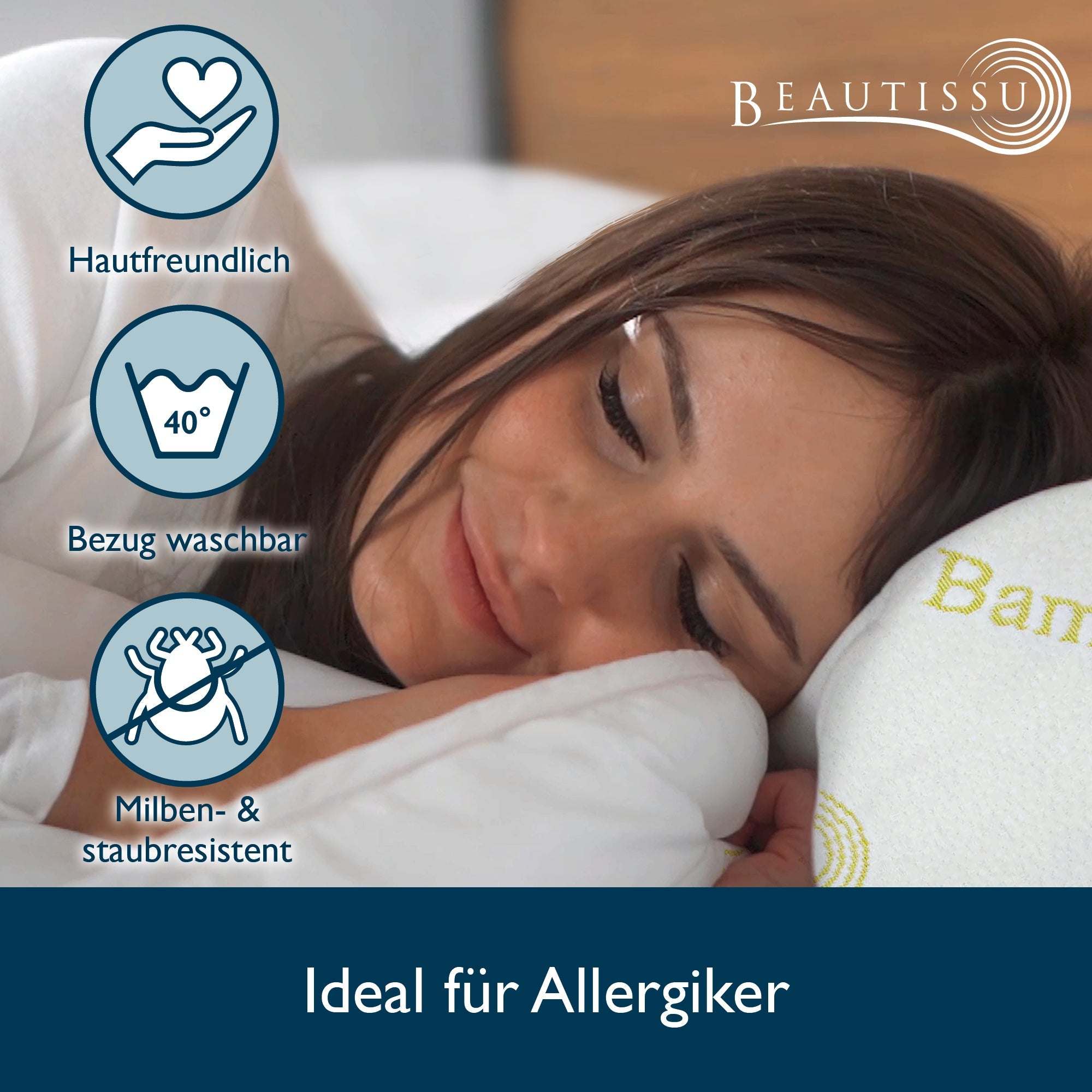 Memory foam neck support pillow by Beautissu with bamboo cover, ideal for allergy sufferers, washable, and OEKO-TEX certified.
