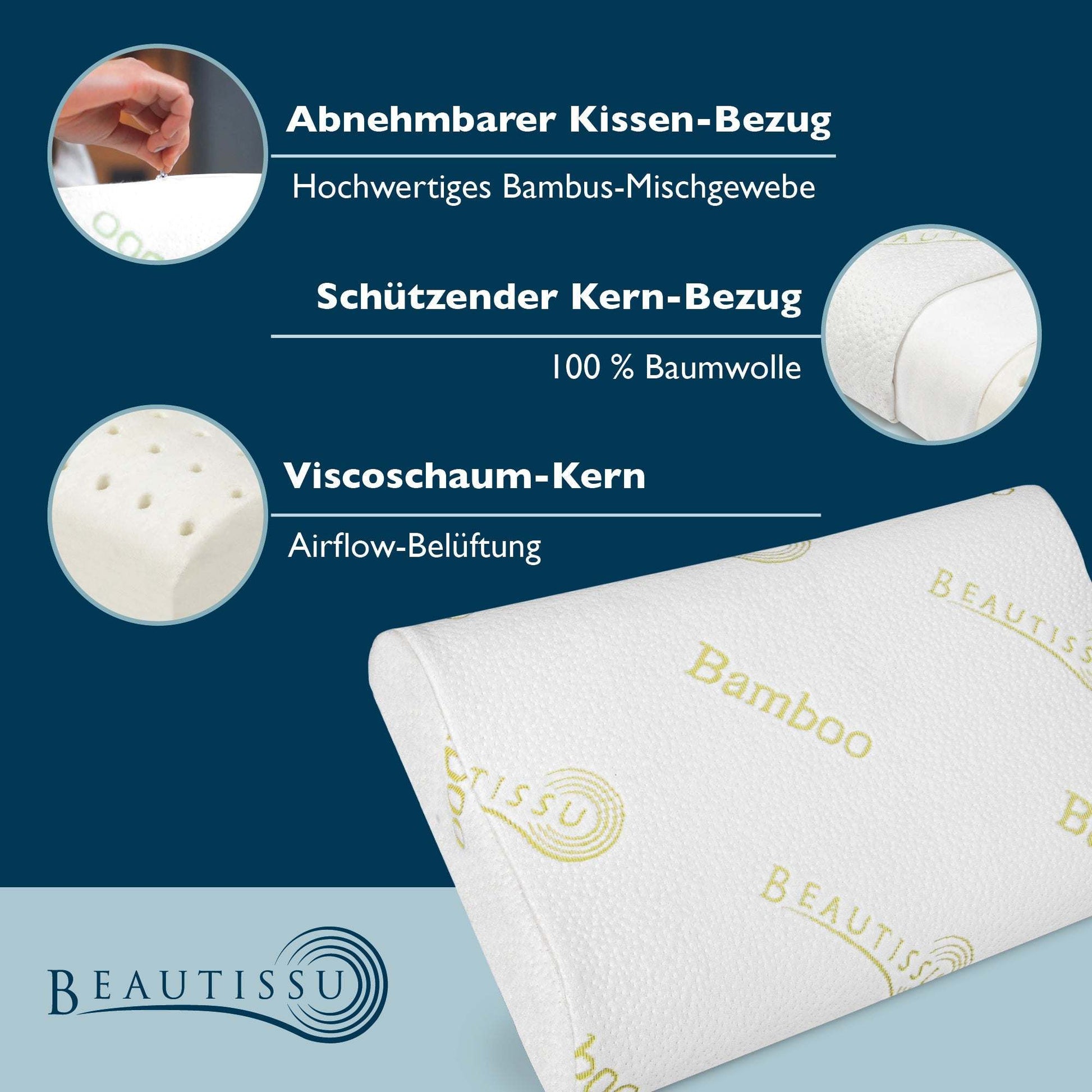 Beautissu Kissen Memory Foam BeauErgo FK Nackenstützkissen Bambus with air flow ventilation for temperature balance.