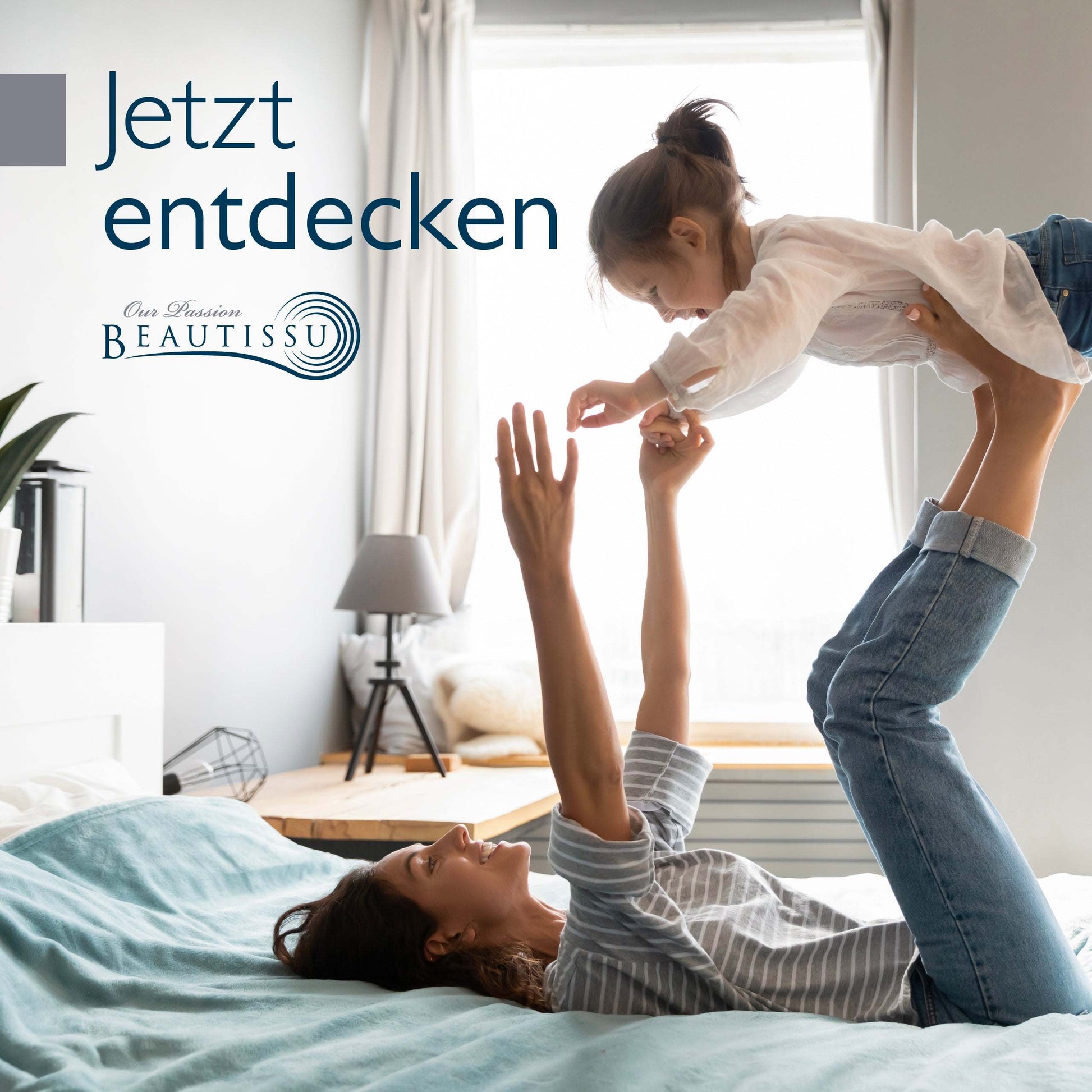 Mother and child playing on bed with Beautissu branding, promoting the Beautissu BEAUTECT waterproof mattress protector.
