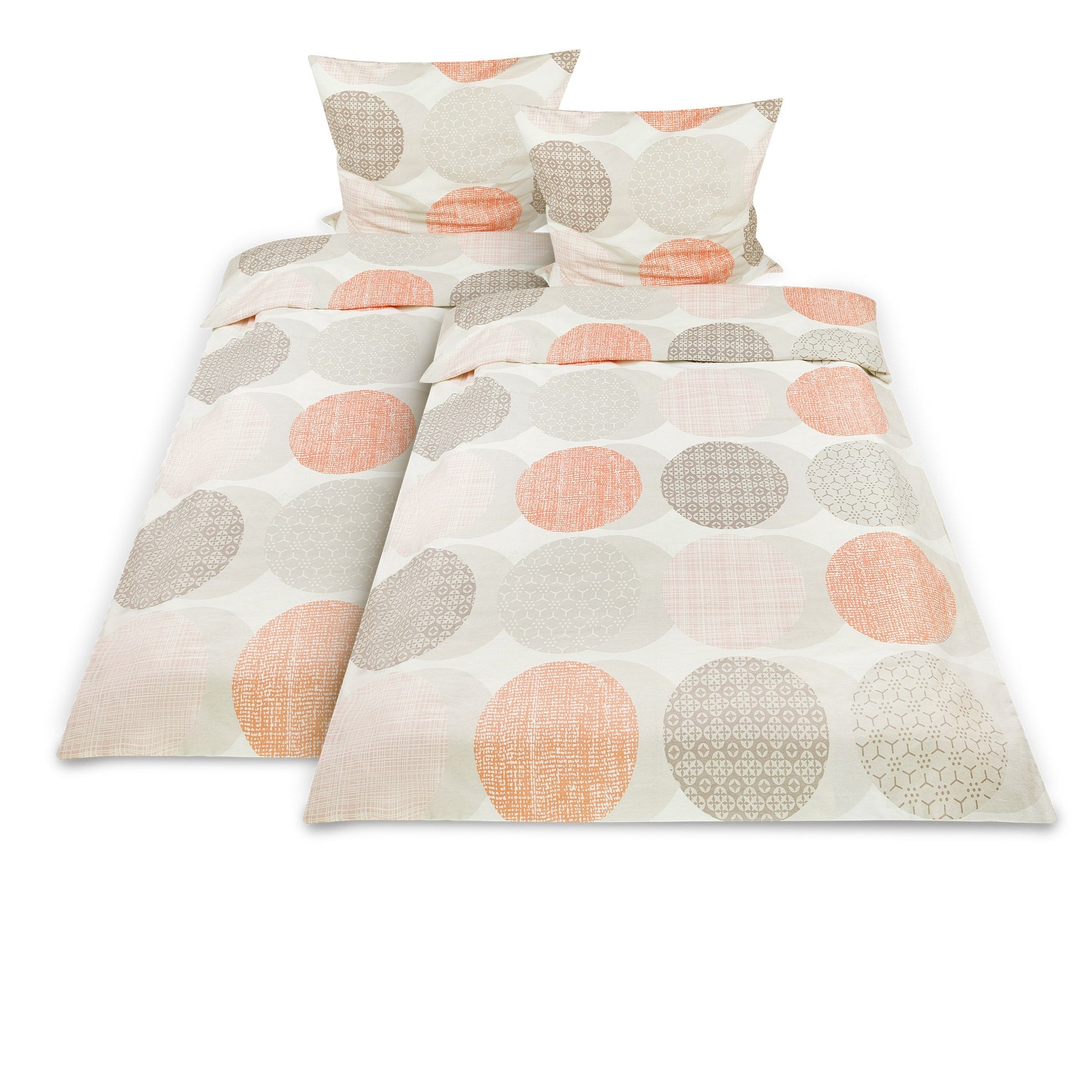 2er Set Biber Bettwäsche in 135x200cm und 155x220cm sizes with 80x80cm pillow covers, featuring soft and breathable cotton material with a colorful circle pattern.