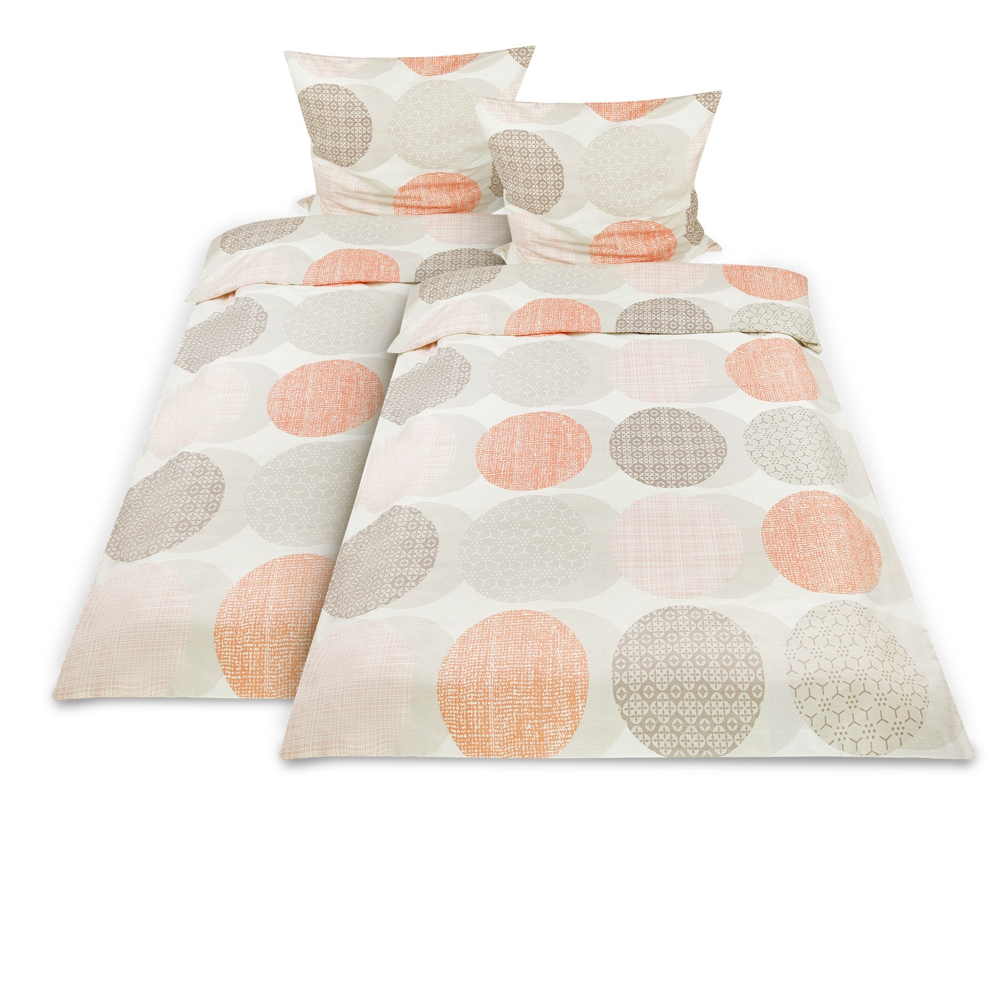 2er Set Biber Bettwäsche in 135x200cm und 155x220cm sizes with 80x80cm pillow covers, featuring soft and breathable cotton material with a colorful circle pattern.
