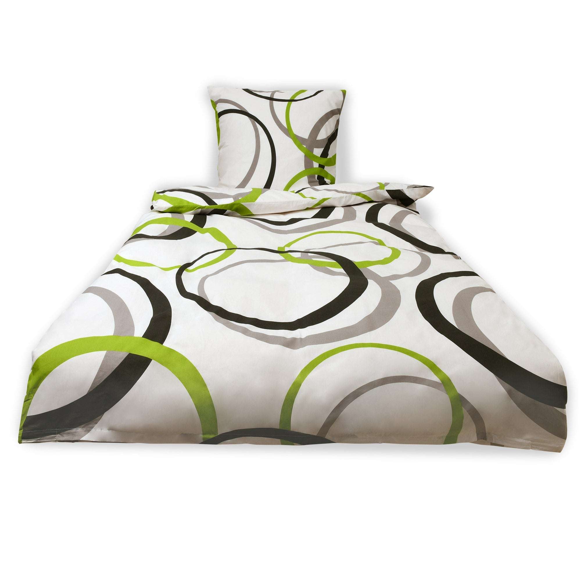 Beautissu Renforcé Bettwäsche Set in white with green and grey abstract pattern, 135x200/155x220cm with 80x80cm pillowcase.