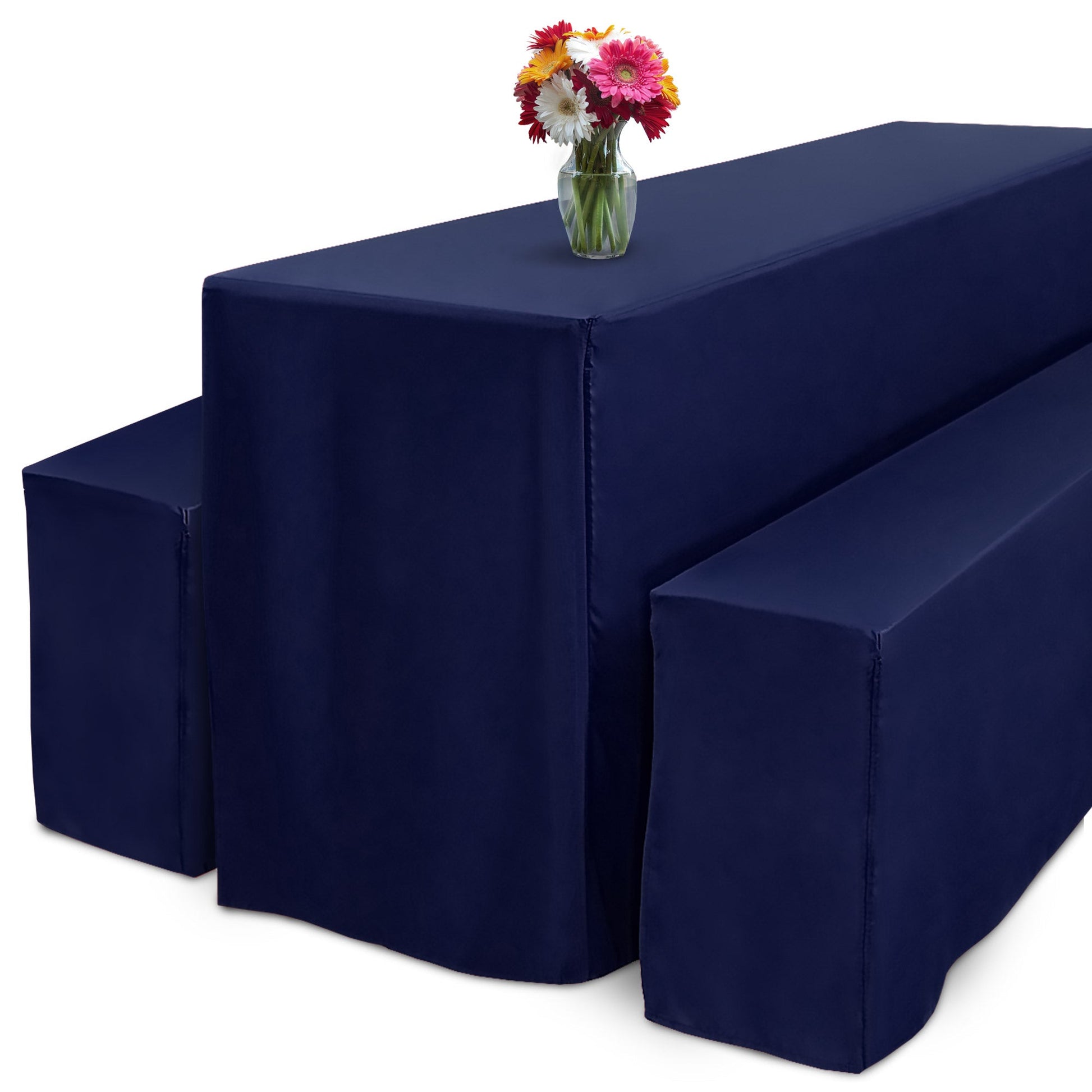 3er Set Beautissu Basic L Biertischhusse für Festzeltgarnitur, elegant bodenlang, passgenau, pflegeleicht, dunkelblau.