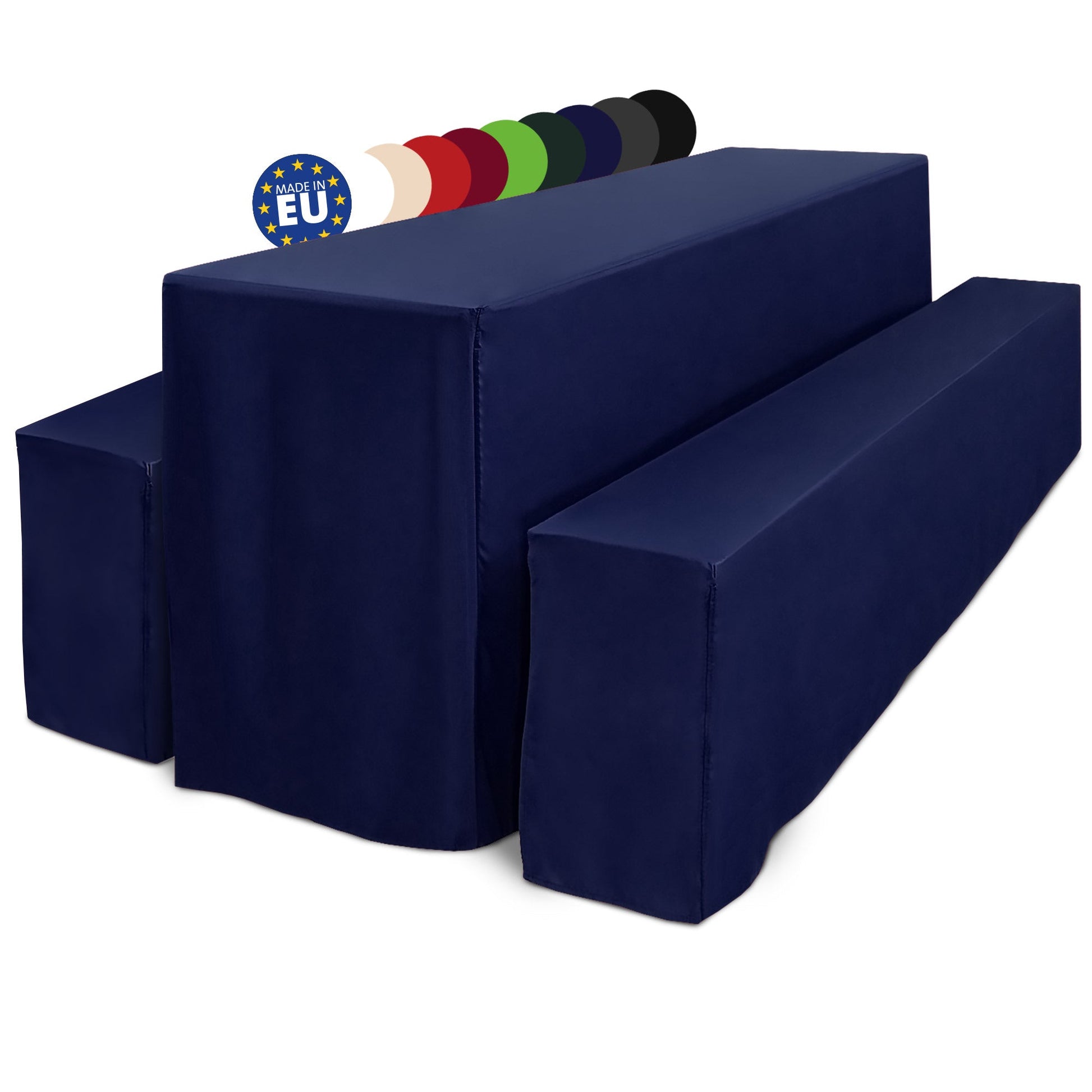 3er Set Beautissu beer table cover set in navy blue for festival furniture, includes two bench covers and one table cover, suitable for weddings and events, 50x220cm and 70x220cm.