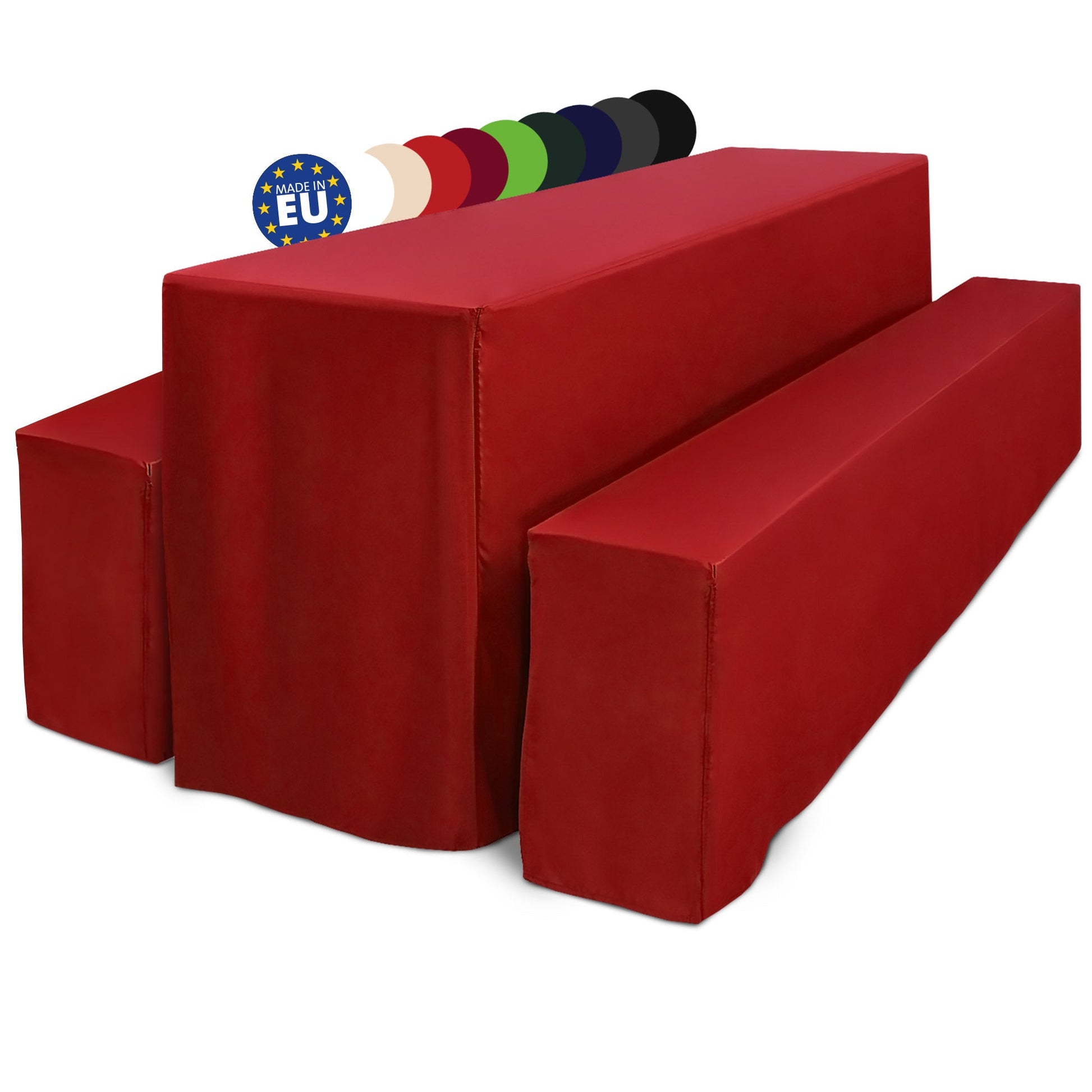 3er Set Beautissu Basic L Biertischhusse, elegant red polyester cover for beer tent set, includes 2 bench covers and 1 table cover, 50x220cm, 70x220cm, perfect for events and parties.