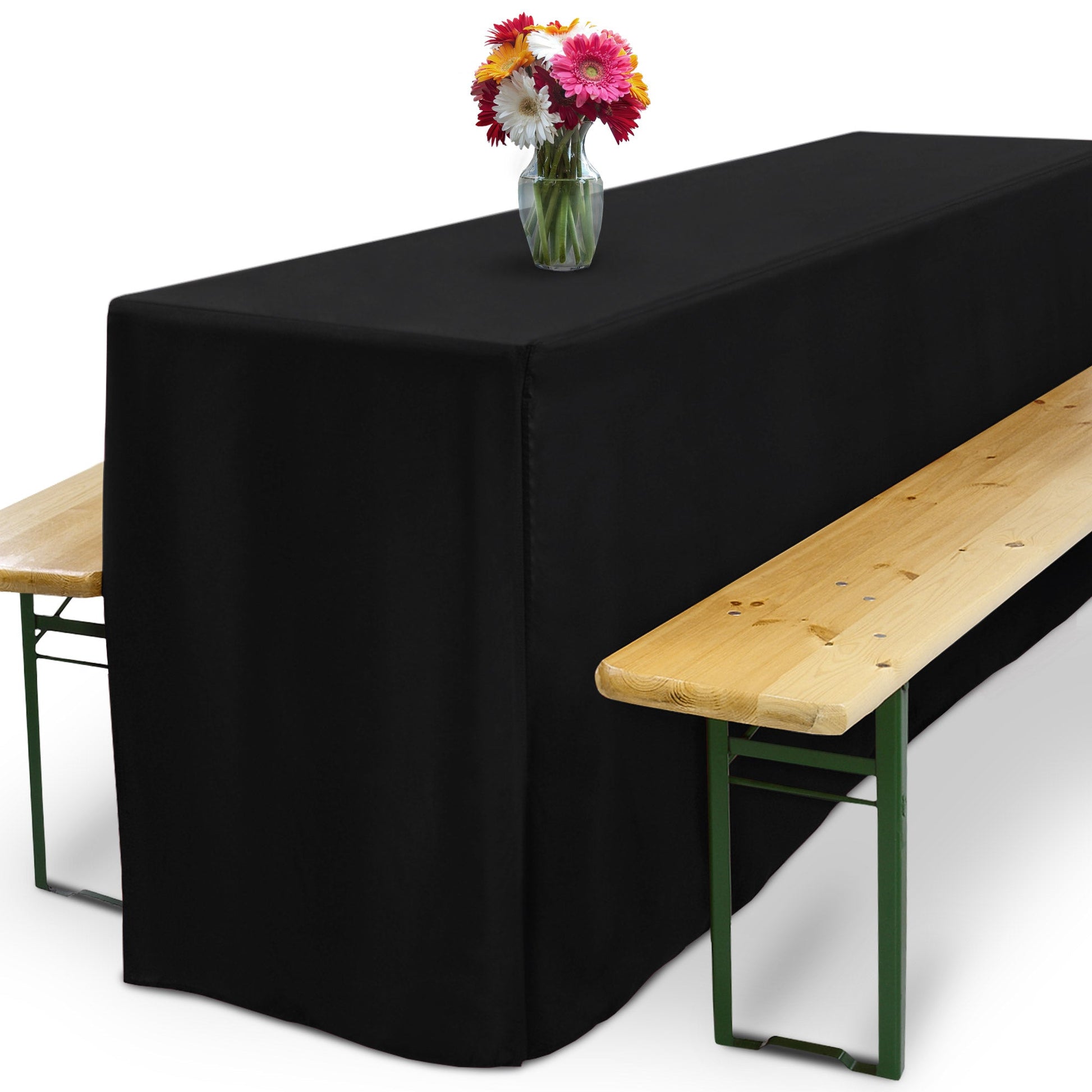 3er Set Beautissu Basic L Biertischhusse für Festzeltgarnitur in Schwarz, bodenlang, auf Biertisch und Bierbänken, ideal für Events.