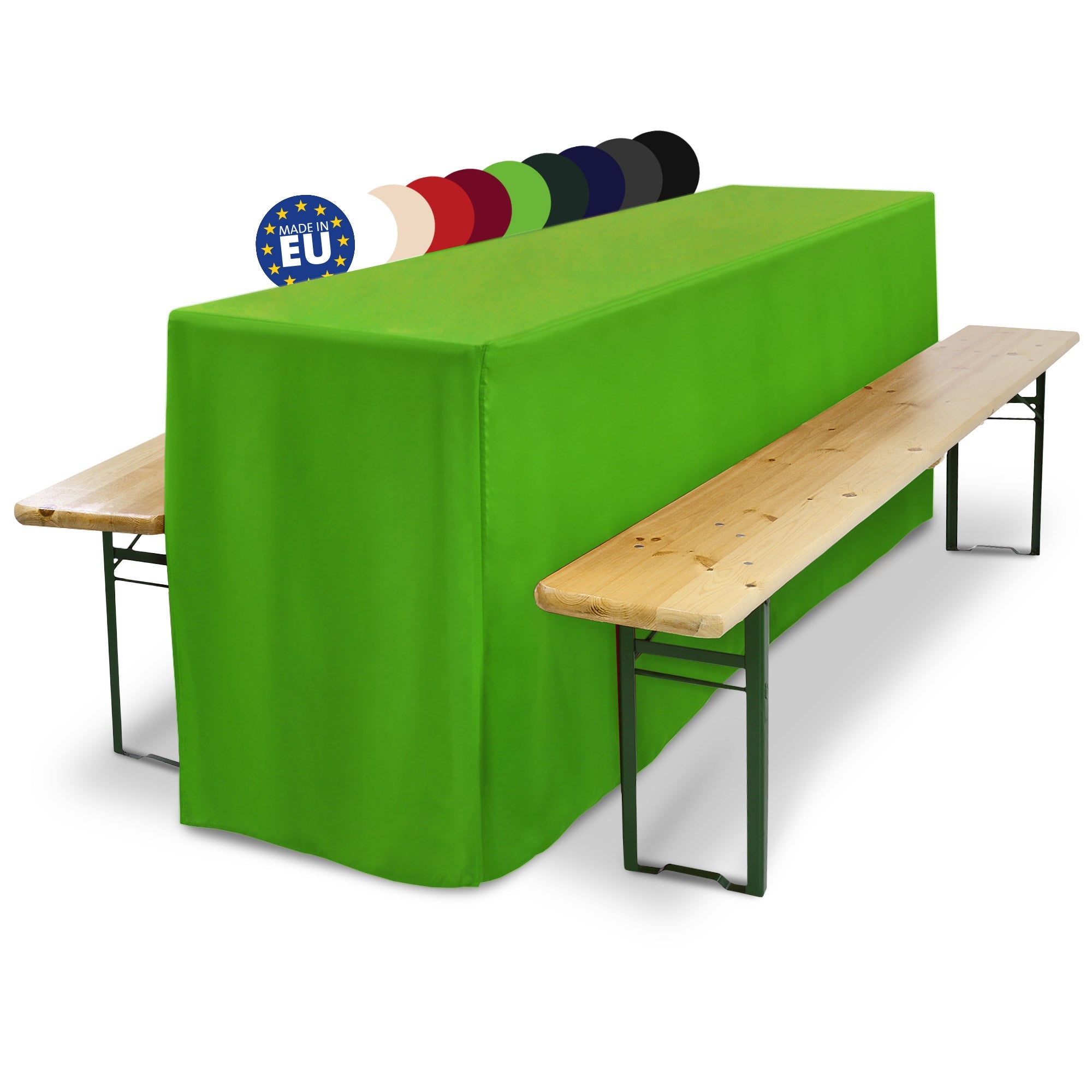 3er Set Beautissu Basic L Biertischhusse, green, for festzeltgarnitur, includes 2 beer bench covers and 1 beer table cover, fits 50x220cm and 70x220cm tables, elegant event decoration, easy-care polyester.