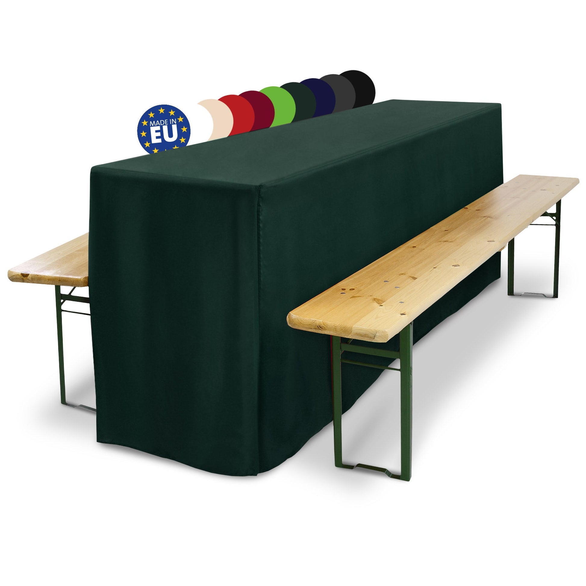 3-piece Beautissu table and bench cover set for beer garden; elegant, floor-length fit; durable polyester; fits 50x220cm and 70x220cm tables.