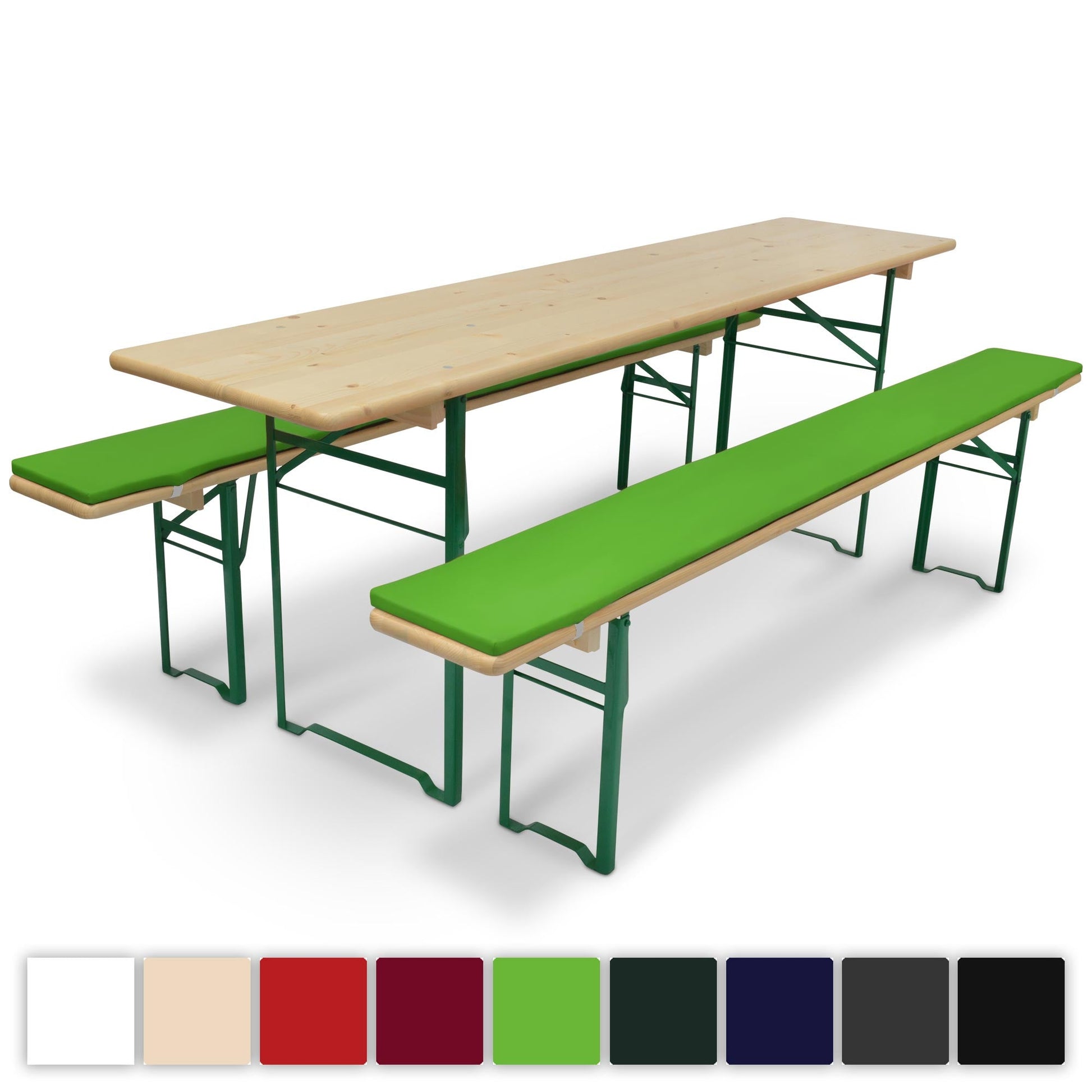 3er Set Beautissu Comfort XS Tischdecke und Bierbankauflagen in grün auf Bierzeltgarnitur.
