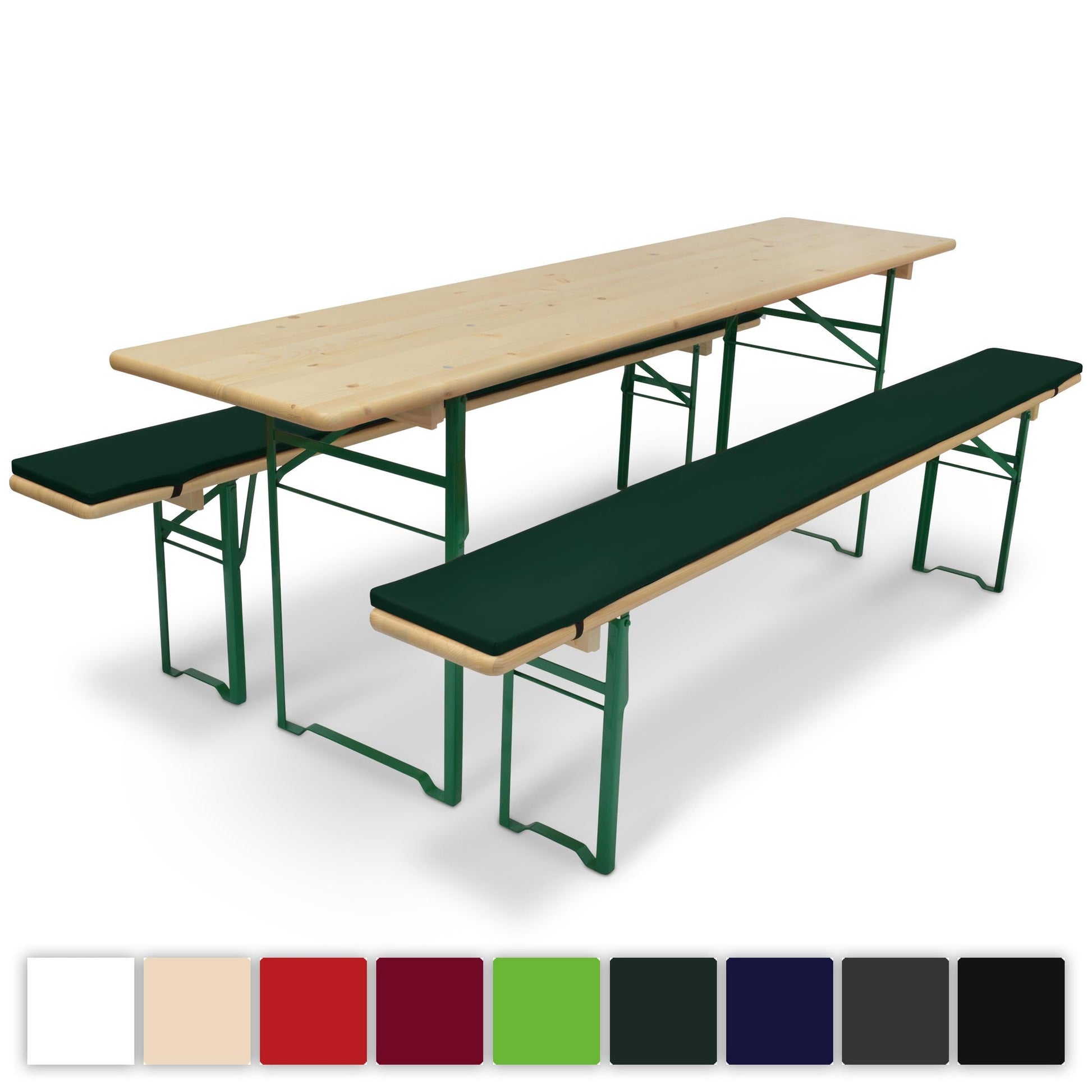 3er Set Beautissu Comfort XS with tablecloth and beer bench cushions in green on wooden beer garden set.