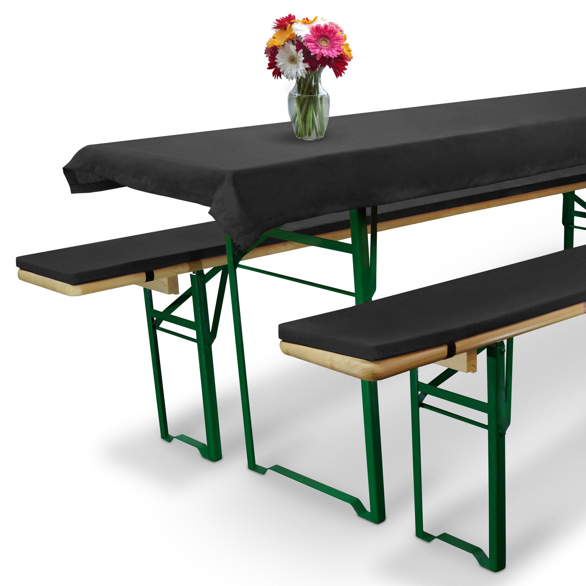 3er Set Beautissu Comfort XS mit Tischdecke und Bierbankauflagen auf Bierzeltgarnitur.