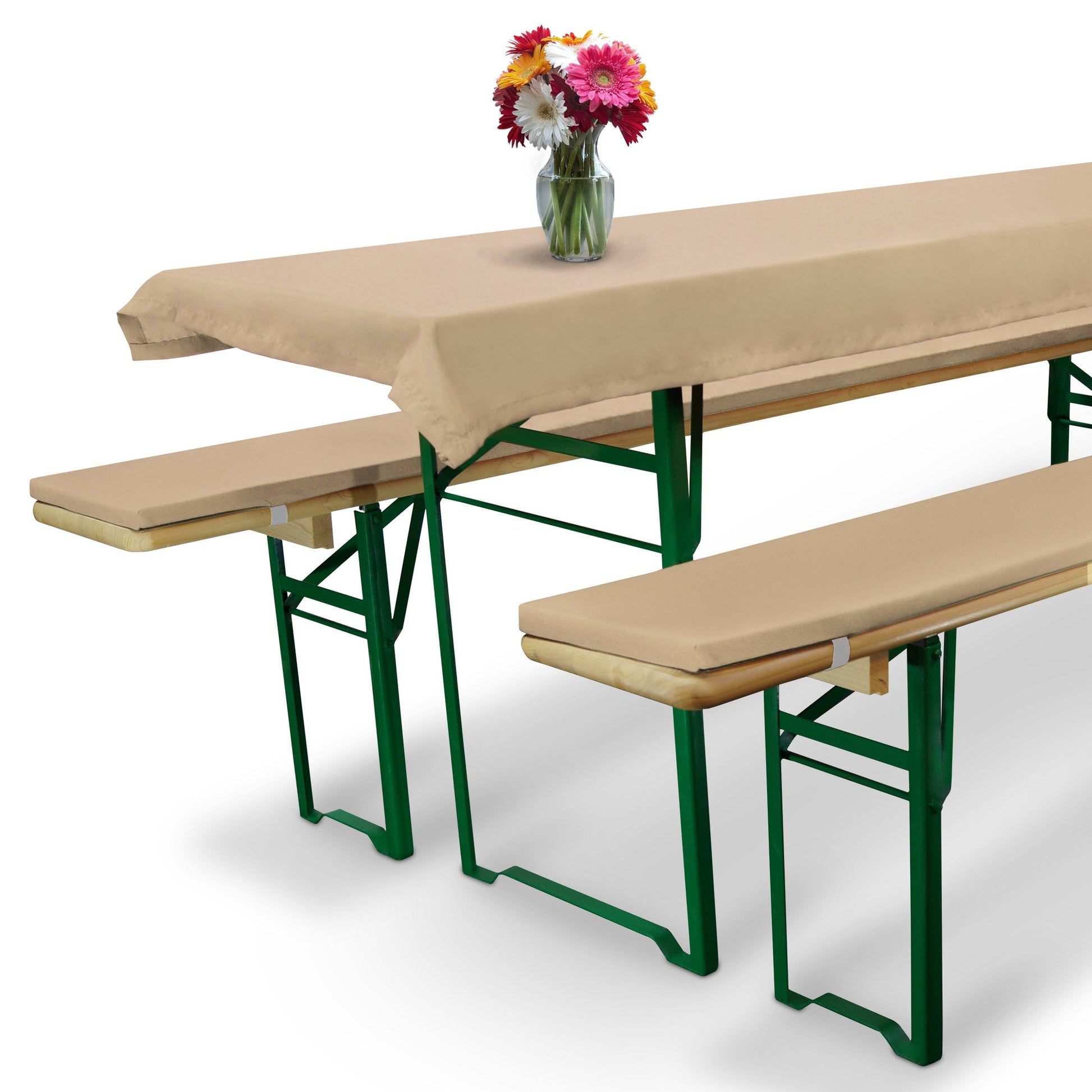 3er Set Beautissu Comfort XS with table cover and two bench cushions on a beer garden set.