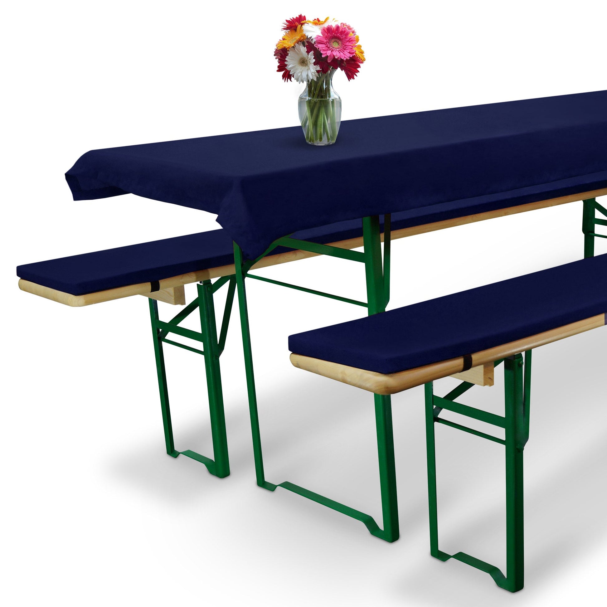 3er Set Beautissu Comfort XS Tischdecke und Bierbankauflagen auf Festzeltgarnitur mit Blumen.