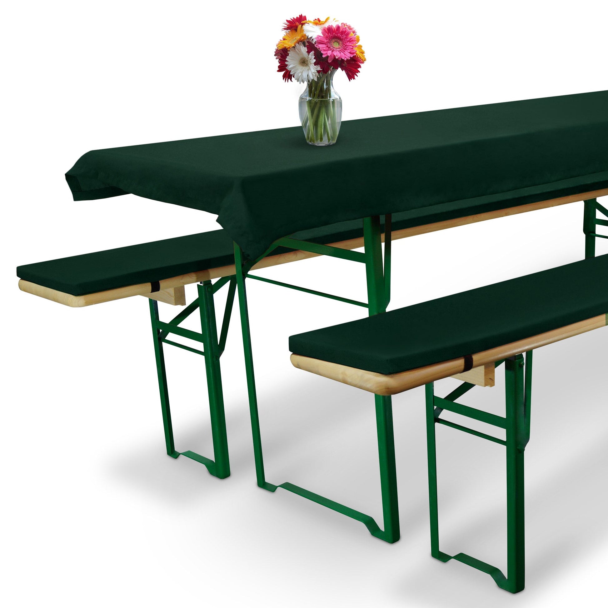 3er Set Beautissu Comfort XS tablecloth and bench covers on beer tent seating set.