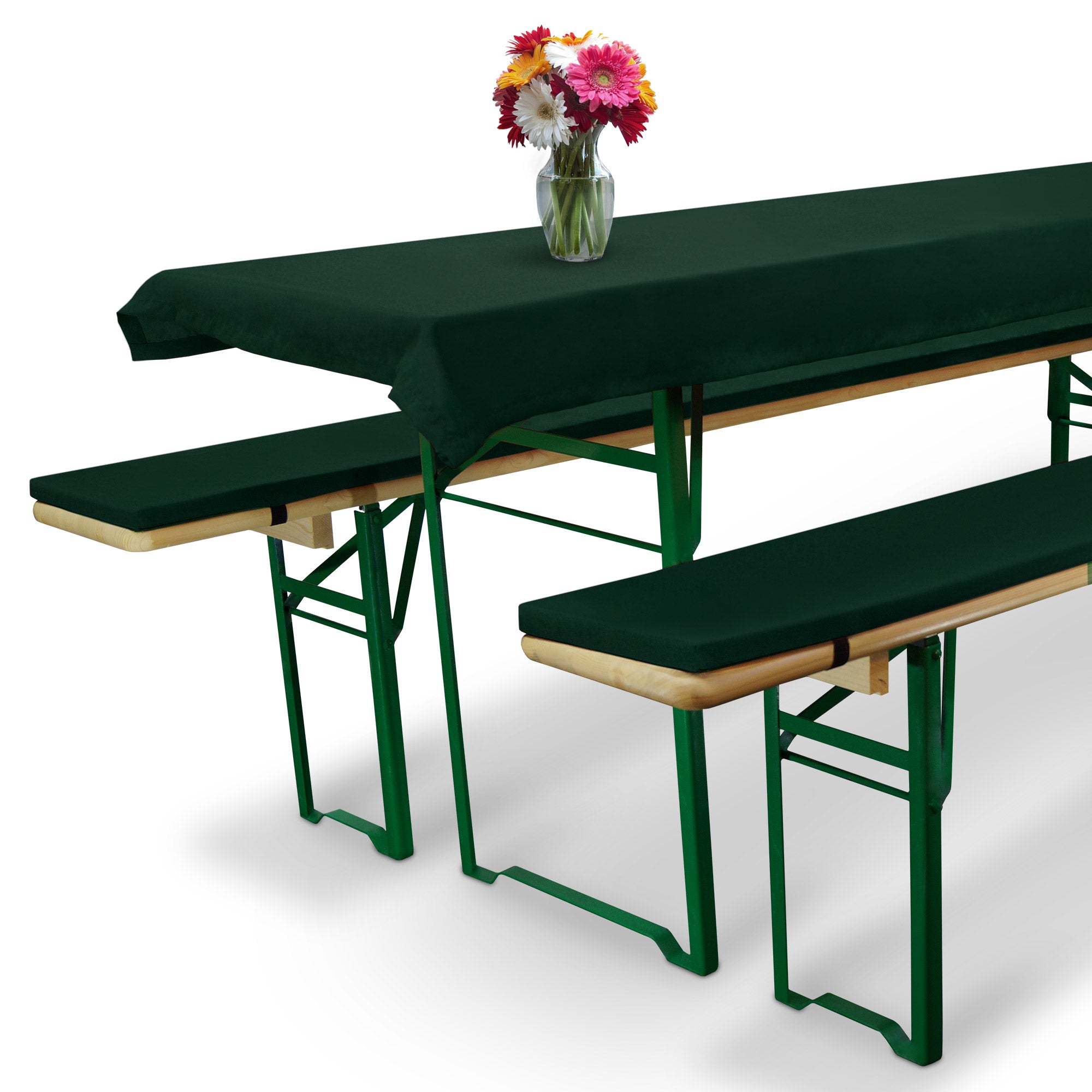 3er Set Beautissu Comfort XS tablecloth and bench covers on beer tent seating set.