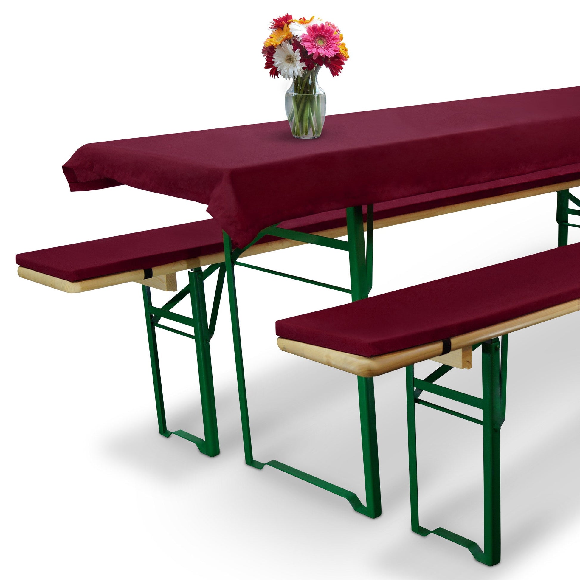 3er Set Beautissu Comfort XS Tischdecke und Bierbankauflagen auf Festzeltgarnitur, weinrot, ideal für Feiern und Events.