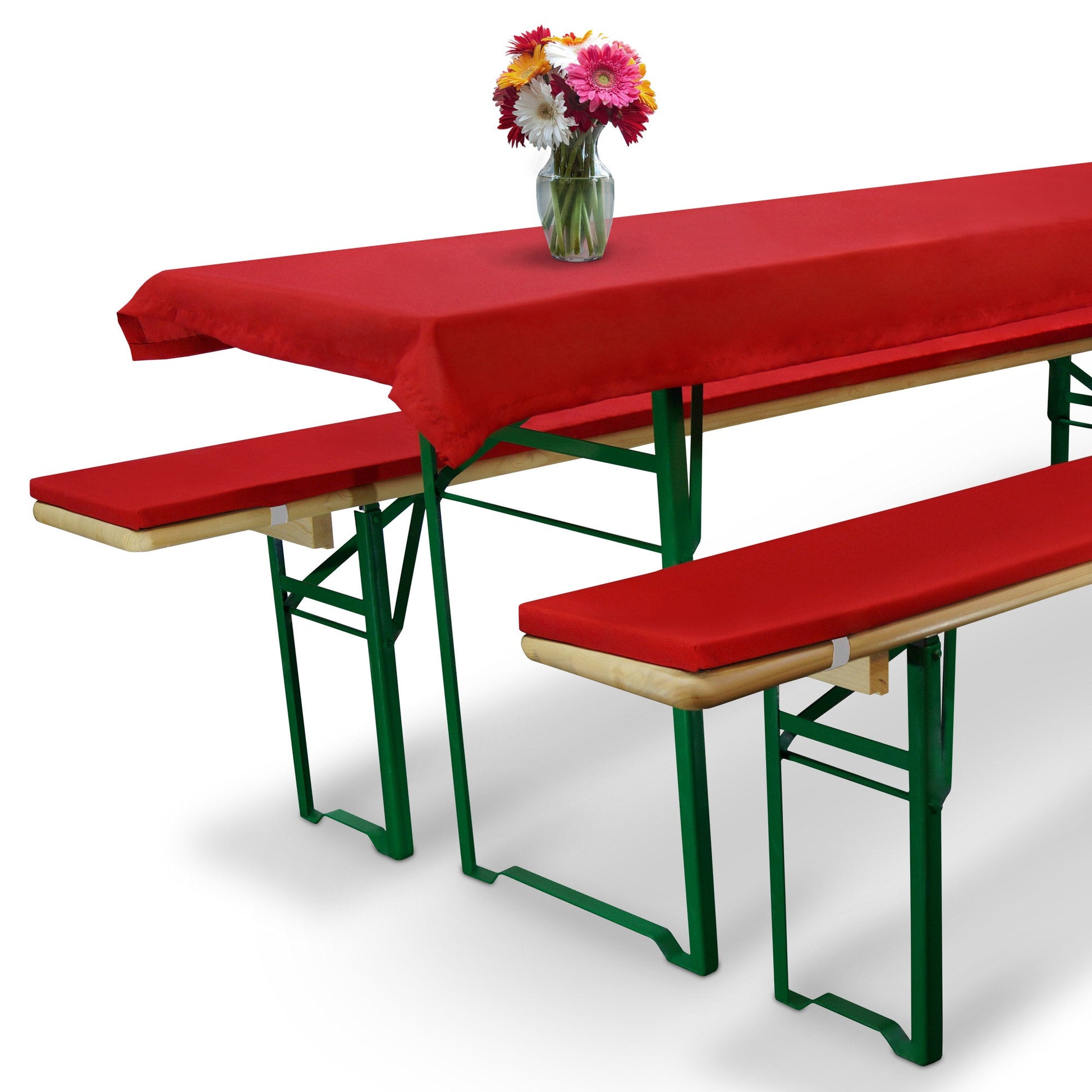 3er Set Beautissu Biertisch-Auflagen mit roter Tischdecke und Sitzauflagen für Festzeltgarnituren.