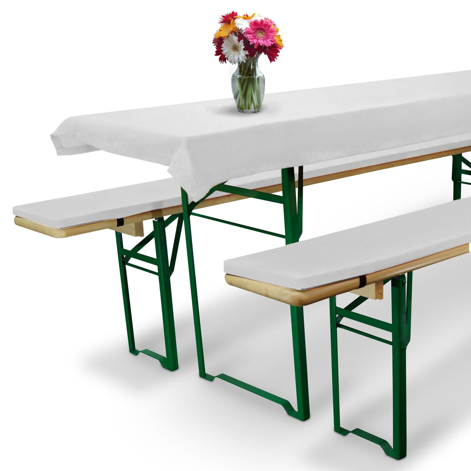 3er Set Beautissu Comfort XS tablecloth and beer bench cushion set on a festival table with floral centerpiece.
