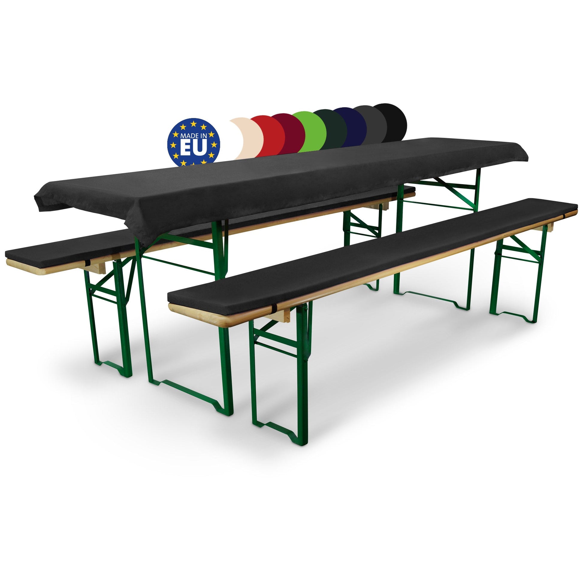 3er Set Beautissu Comfort XS Tischdecke und Bierbankauflagen in Schwarz, passend für gängige Festzeltgarnituren, ideal für Events.