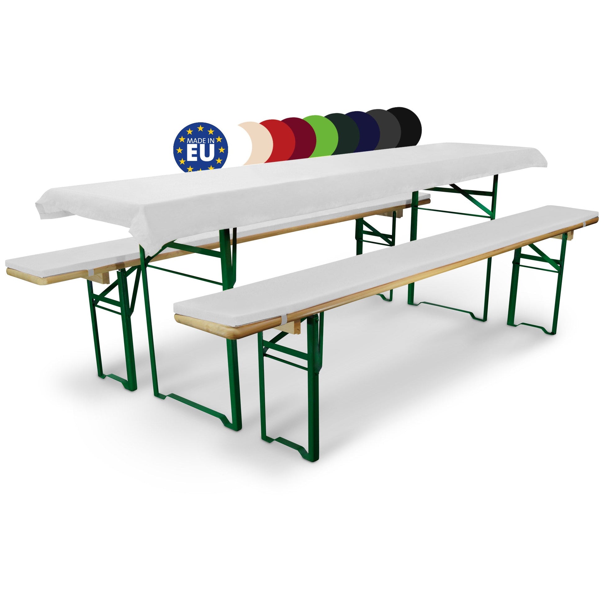 3er Set Beautissu Biertischauflage und Bierbankpolster in Weiß für Festzelte, 50x220cm, 70x220cm.
