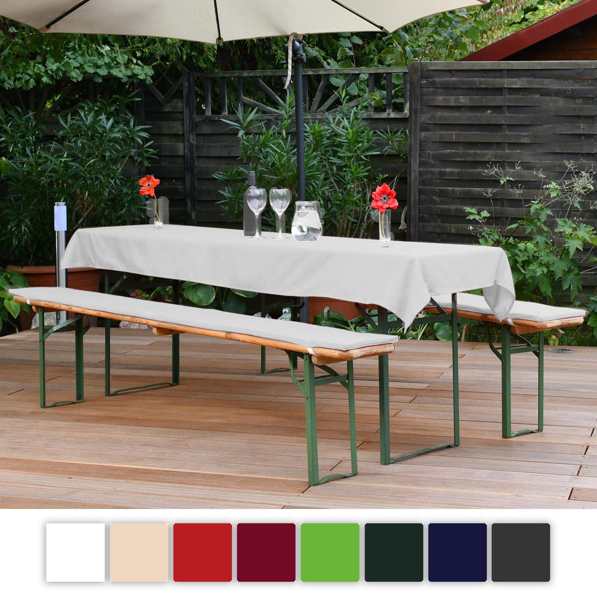 3er Set Beautissu Comfort XS tablecloth and bench cushions on outdoor setup.