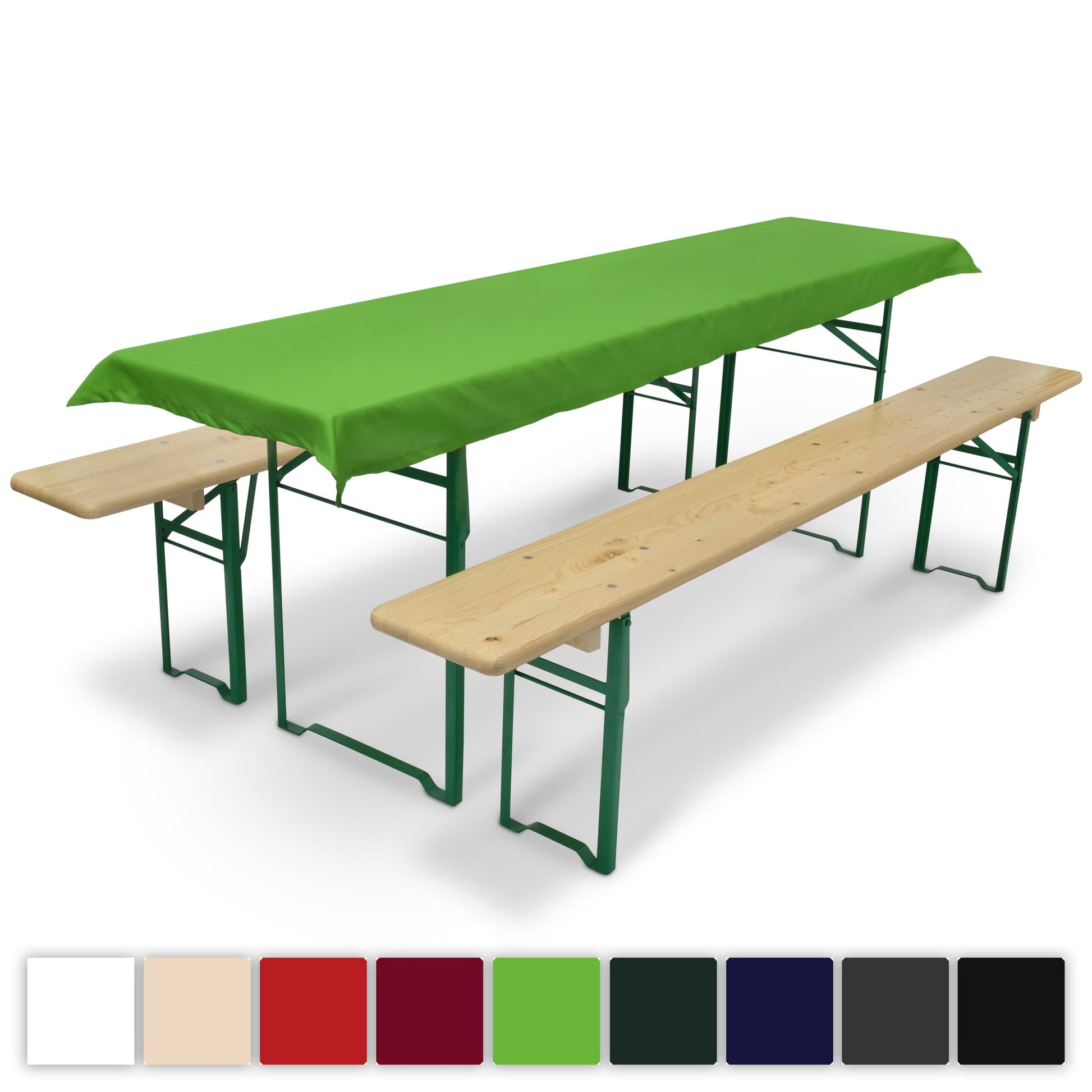3er Set Beautissu Comfort XS Bierbankauflagen und Tischdecke in Grün auf Festzeltgarnitur.