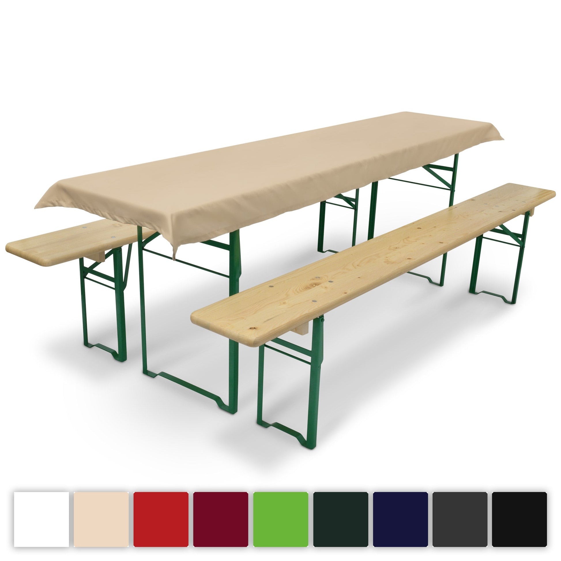 3er Set Beautissu Comfort XS tablecloth and bench cushions for beer table, beige color, shown on wooden beer table and benches, suitable for events.