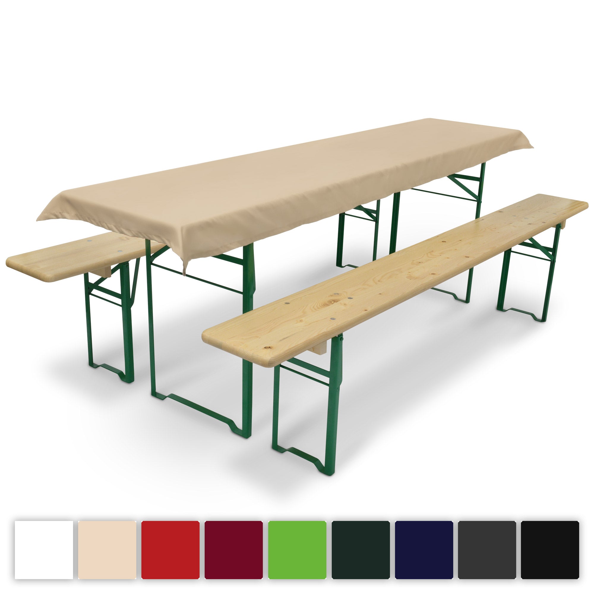 3er Set Beautissu Comfort XS tablecloth and bench cushions for beer table, beige color, shown on wooden beer table and benches, suitable for events.