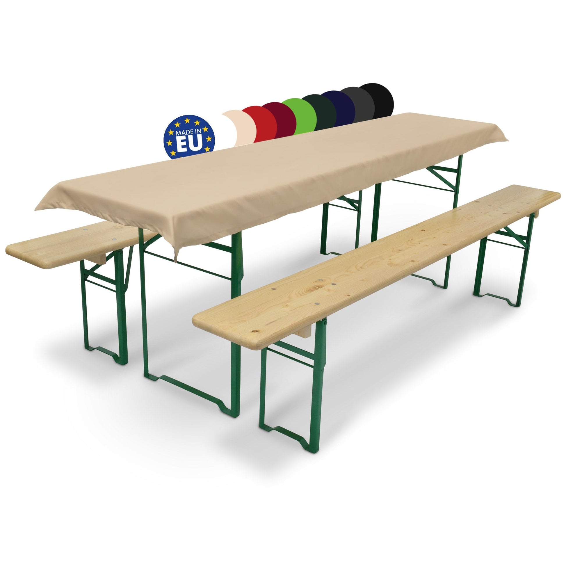 3er Set Beautissu Comfort XS table cover and beer bench cushions on bench and table setup.