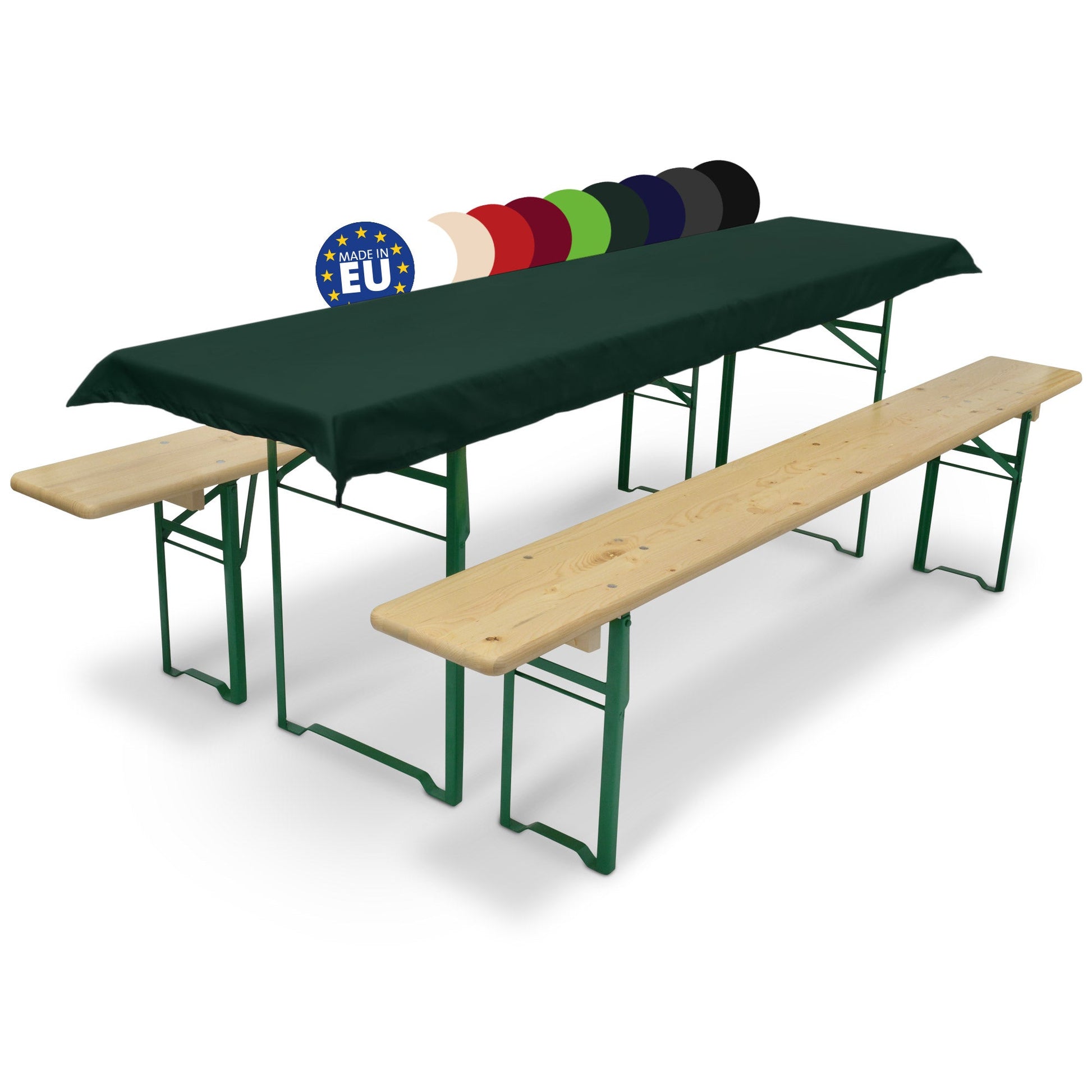 3-piece Beautissu Comfort XS tablecloth and beer bench cushion set for festival seating.
